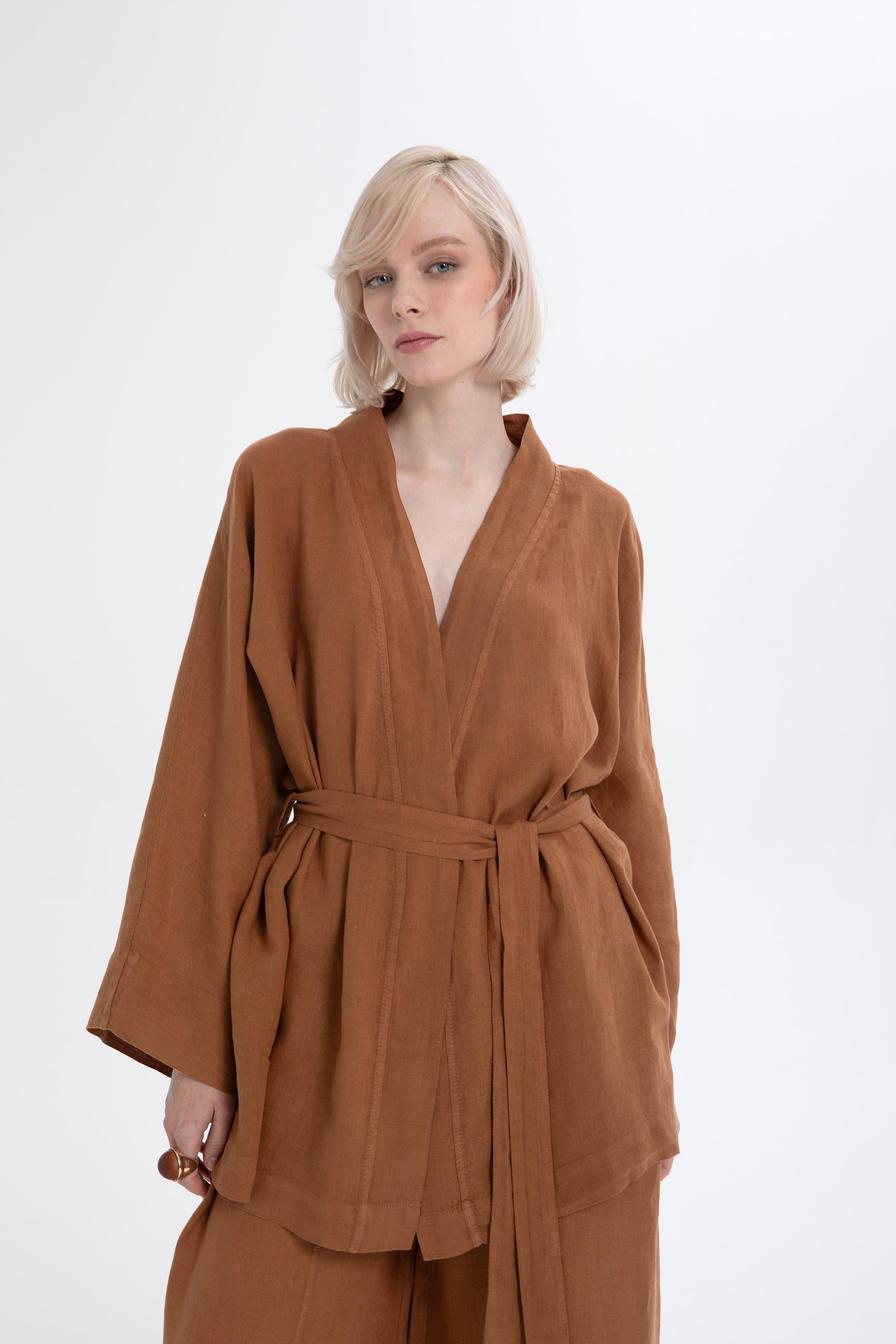 Saf Keten Kısa Kimono #renk_Terra Cotta