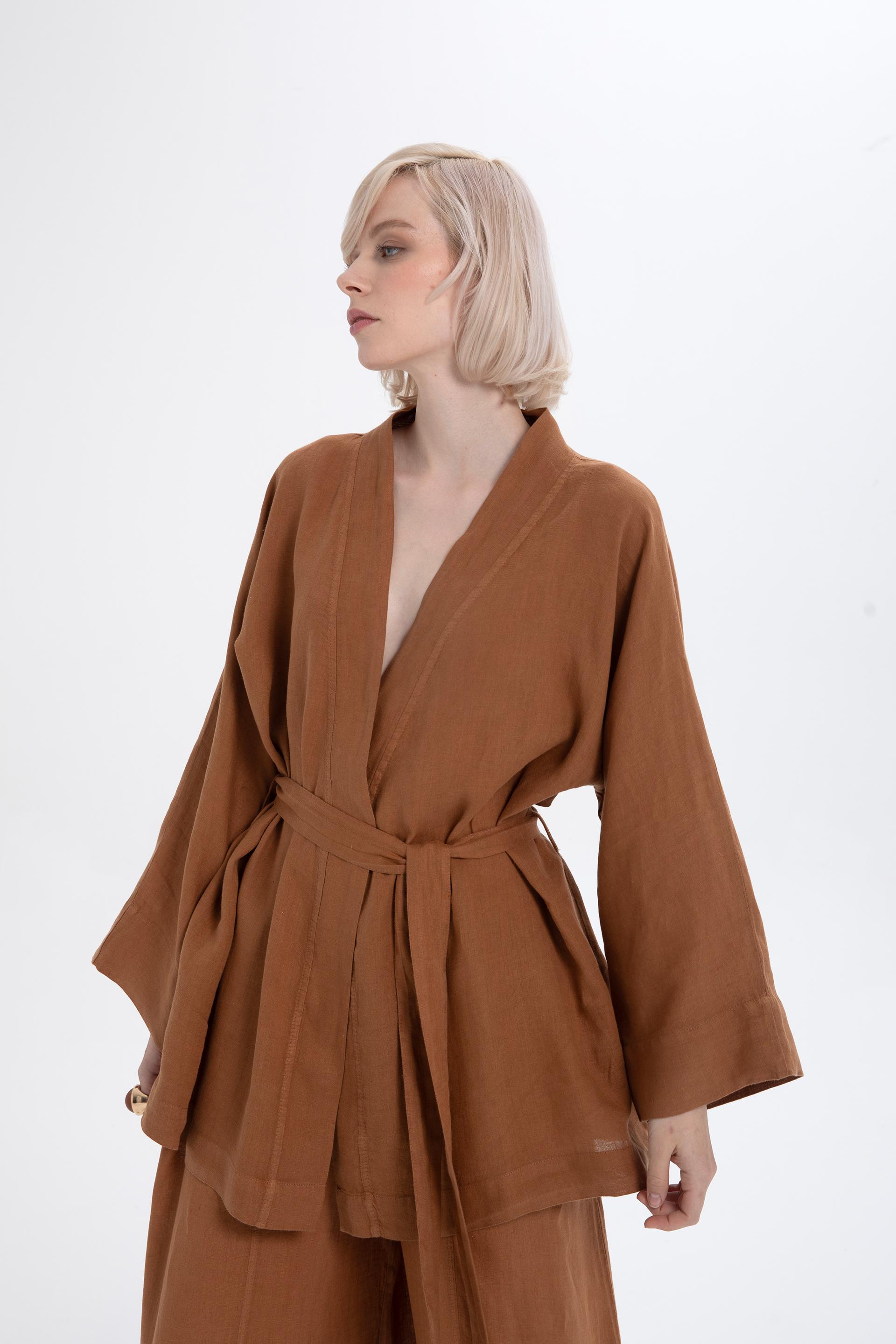 Saf Keten Kısa Kimono #renk_Terra Cotta