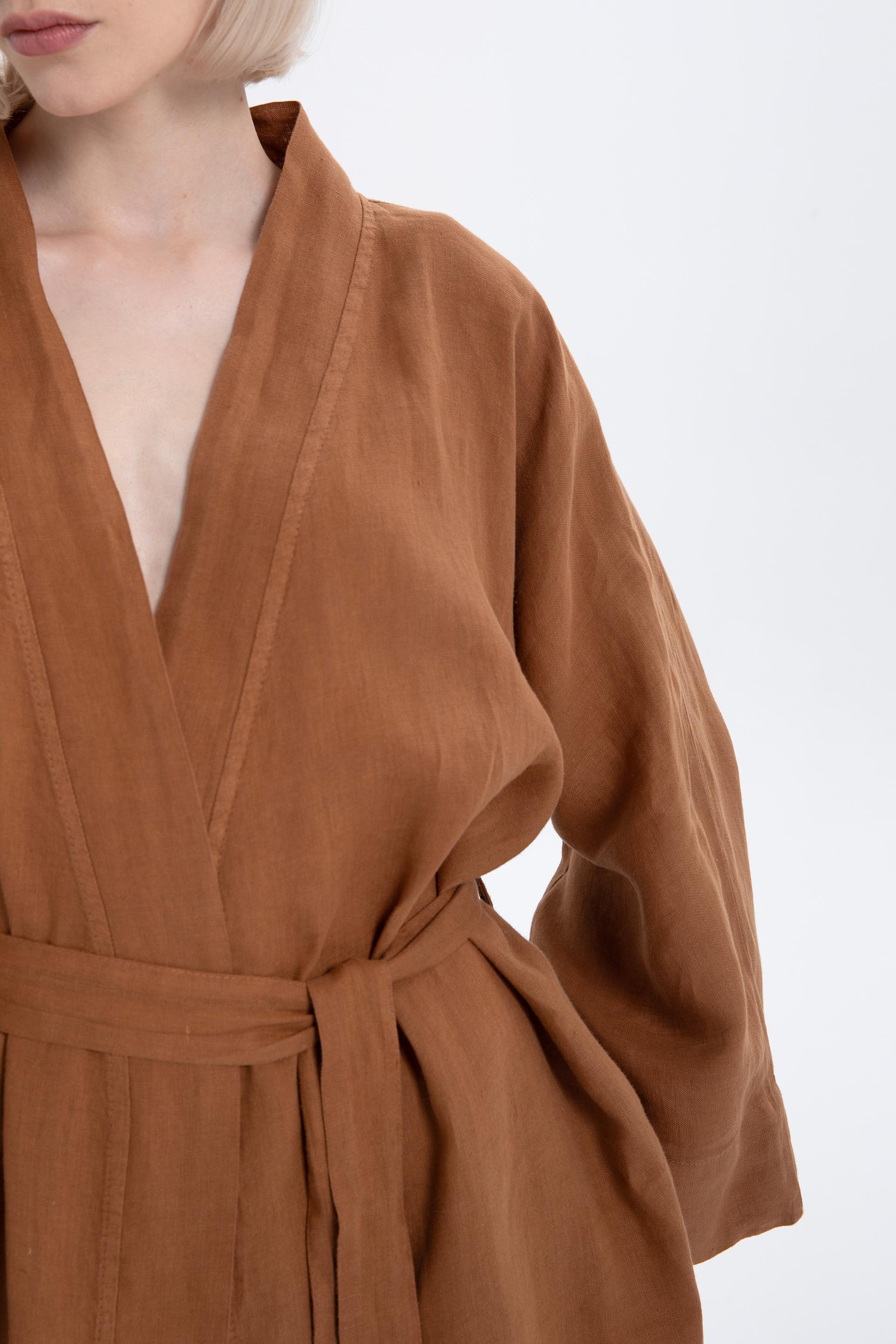 Saf Keten Kısa Kimono #renk_Terra Cotta