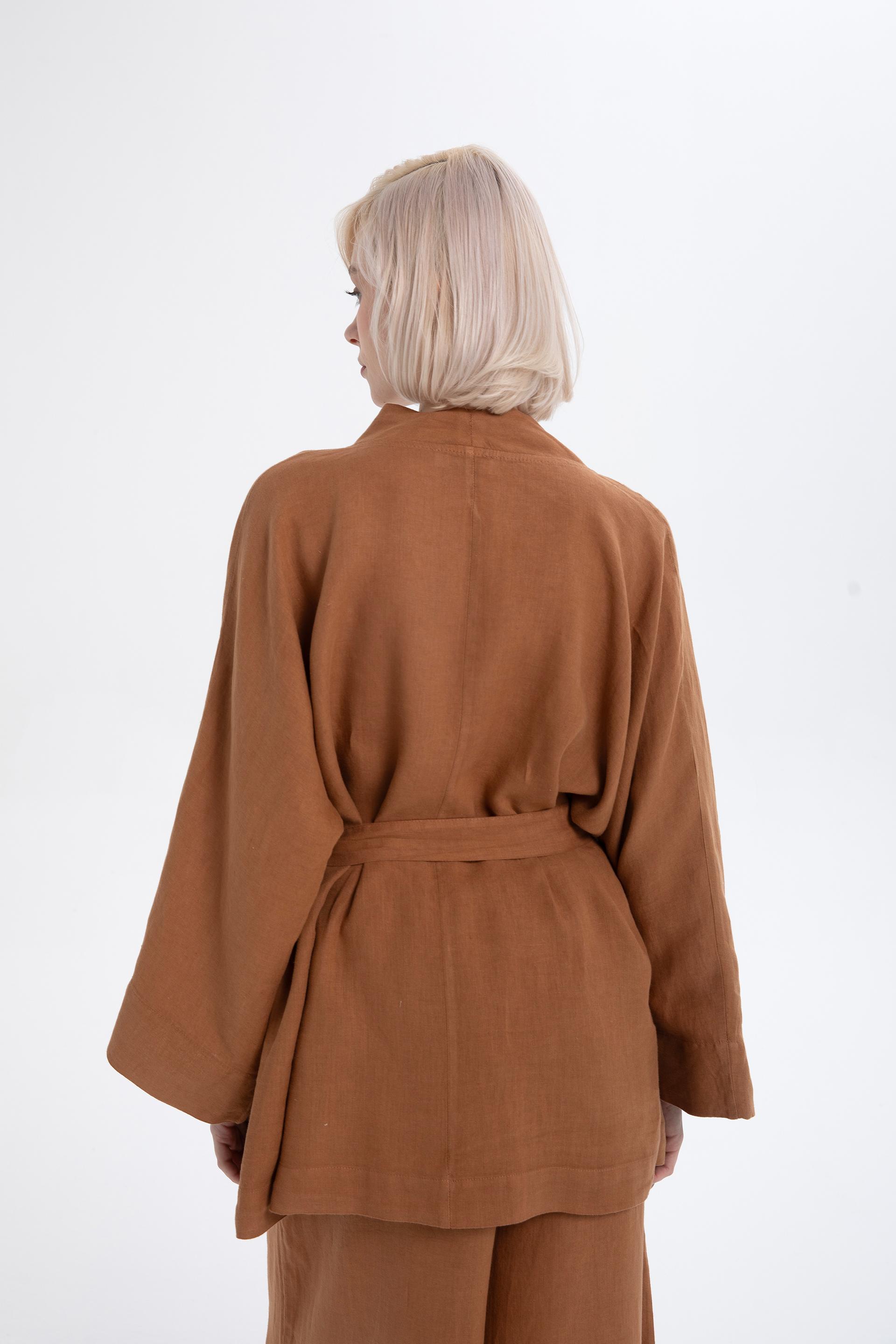 Saf Keten Kısa Kimono #renk_Terra Cotta