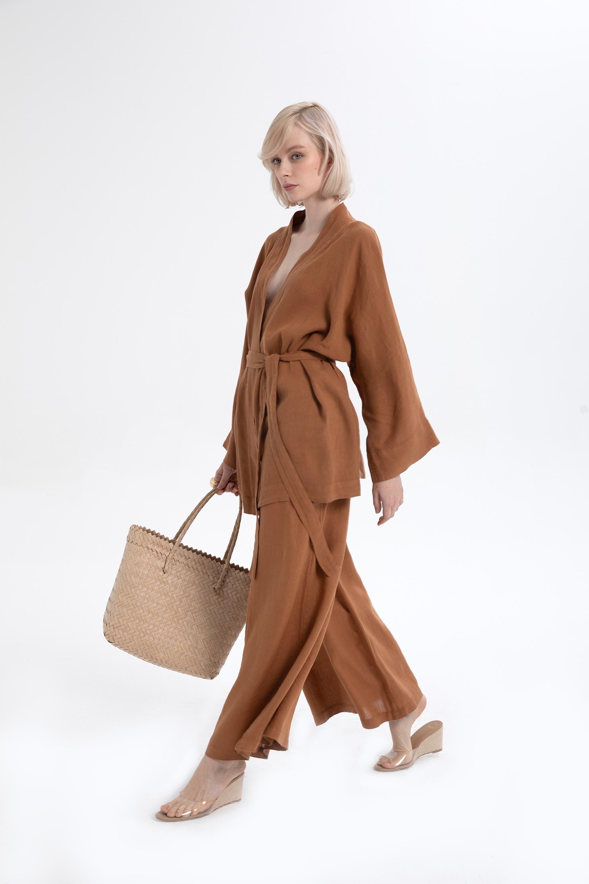 Saf Keten Kısa Kimono #renk_Terra Cotta