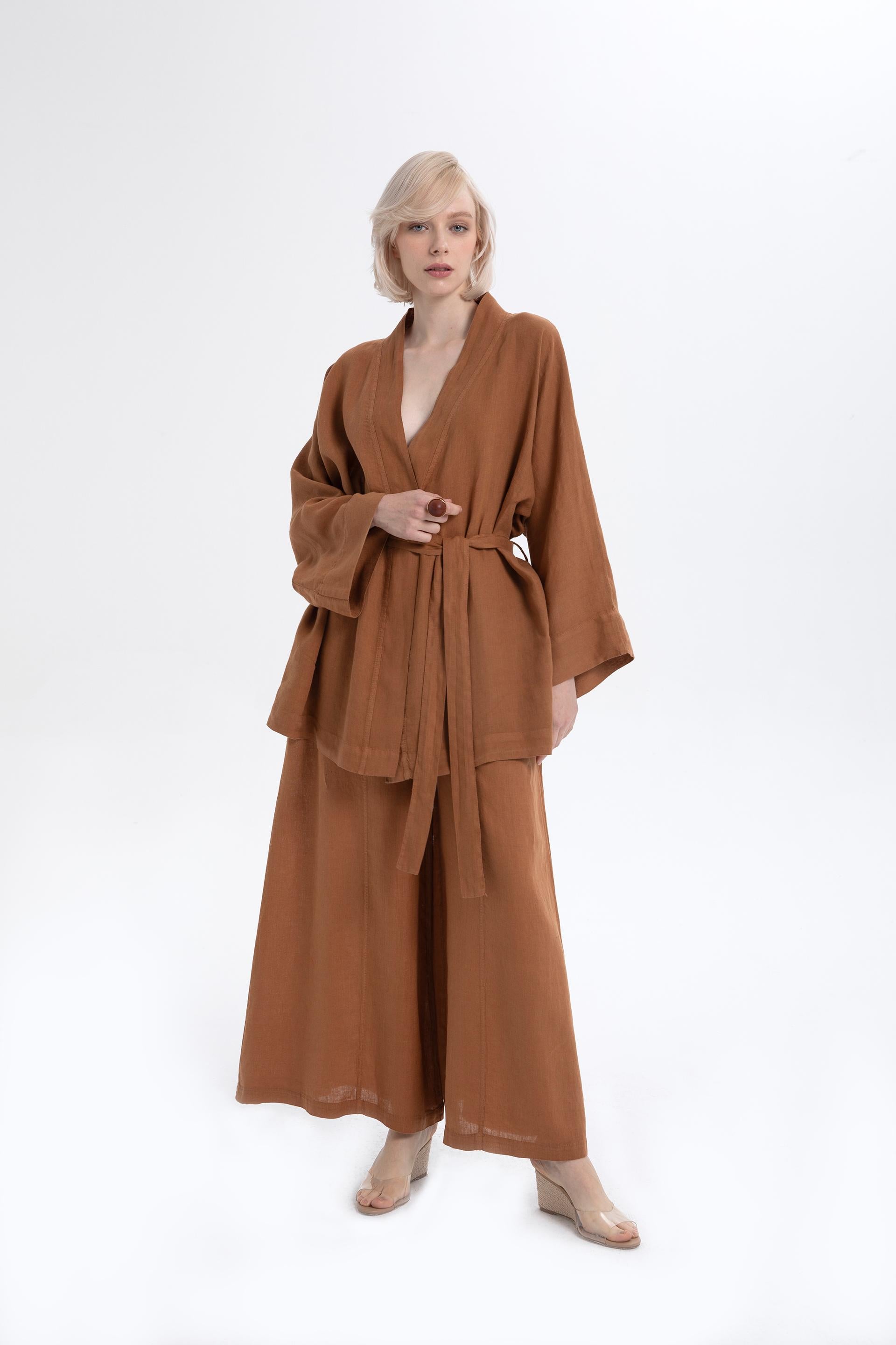 Saf Keten Kısa Kimono #renk_Terra Cotta