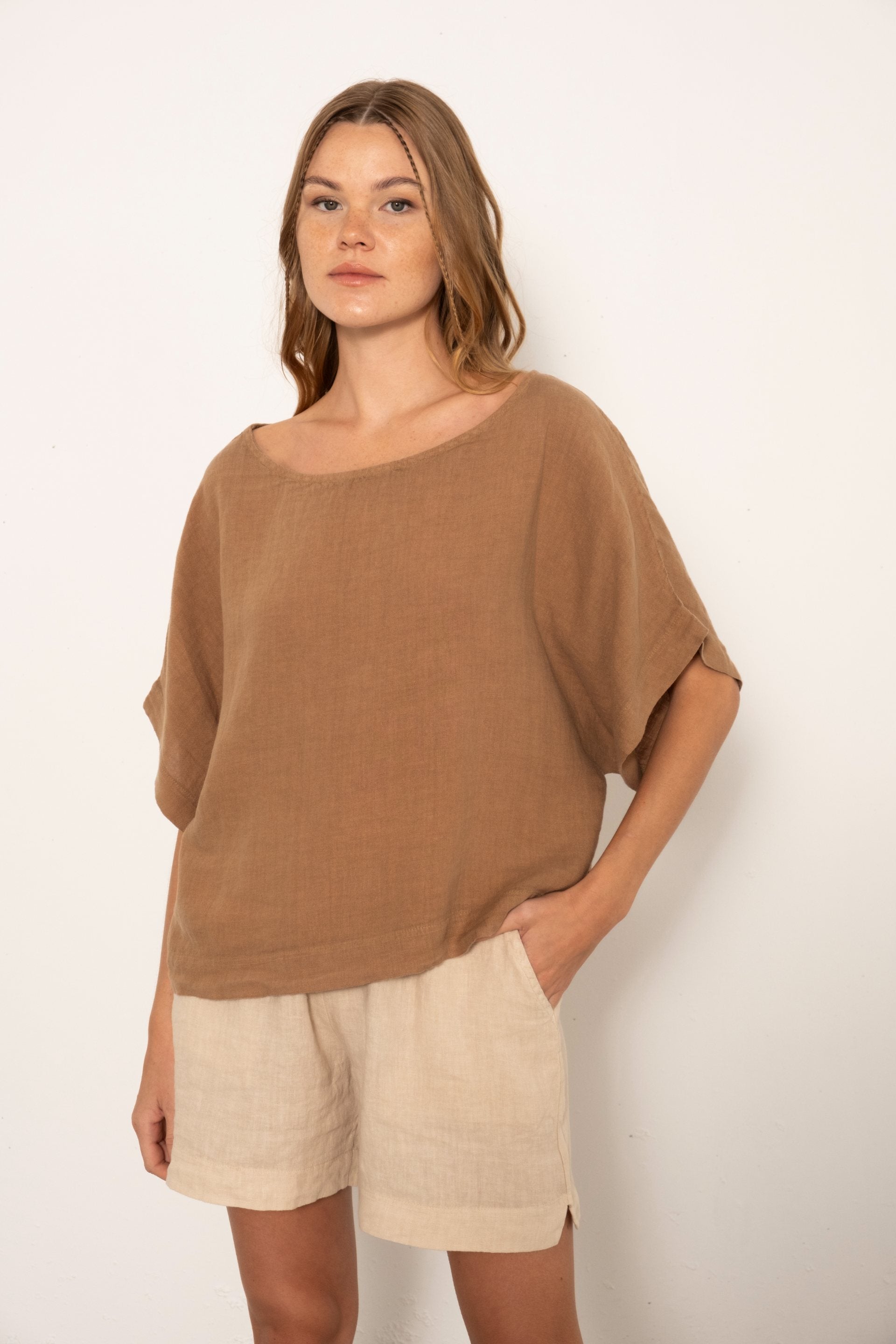 Saf Keten Yarasa Kol Bluz #renk_Kahve