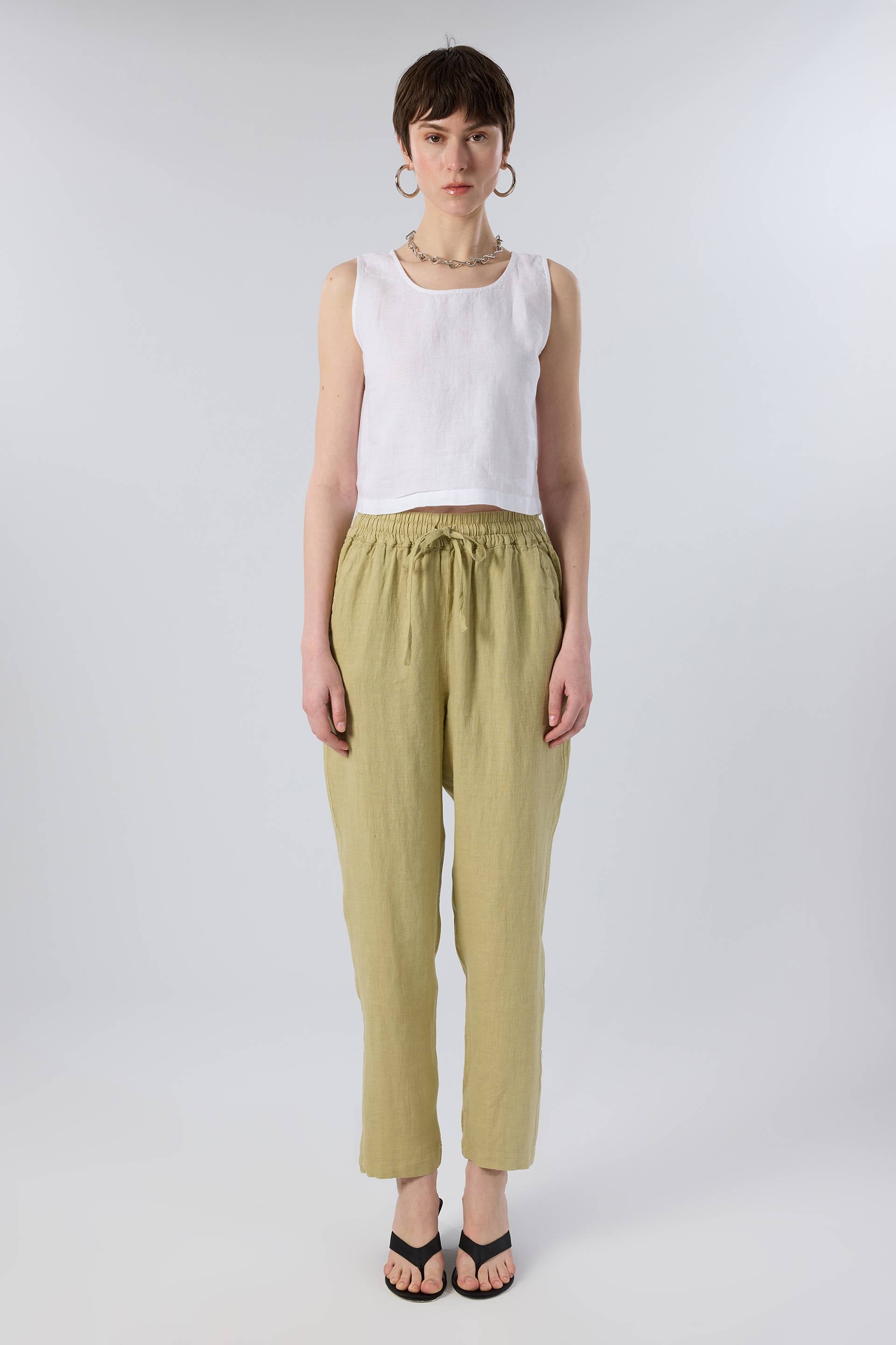 Saf Keten Arkadan Düğmeli Crop #renk_Beyaz