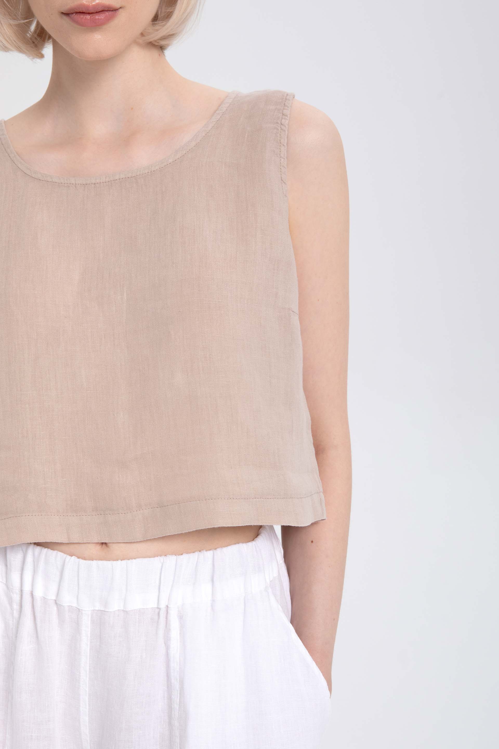 Saf Keten Arkadan Düğmeli Crop #renk_Flax