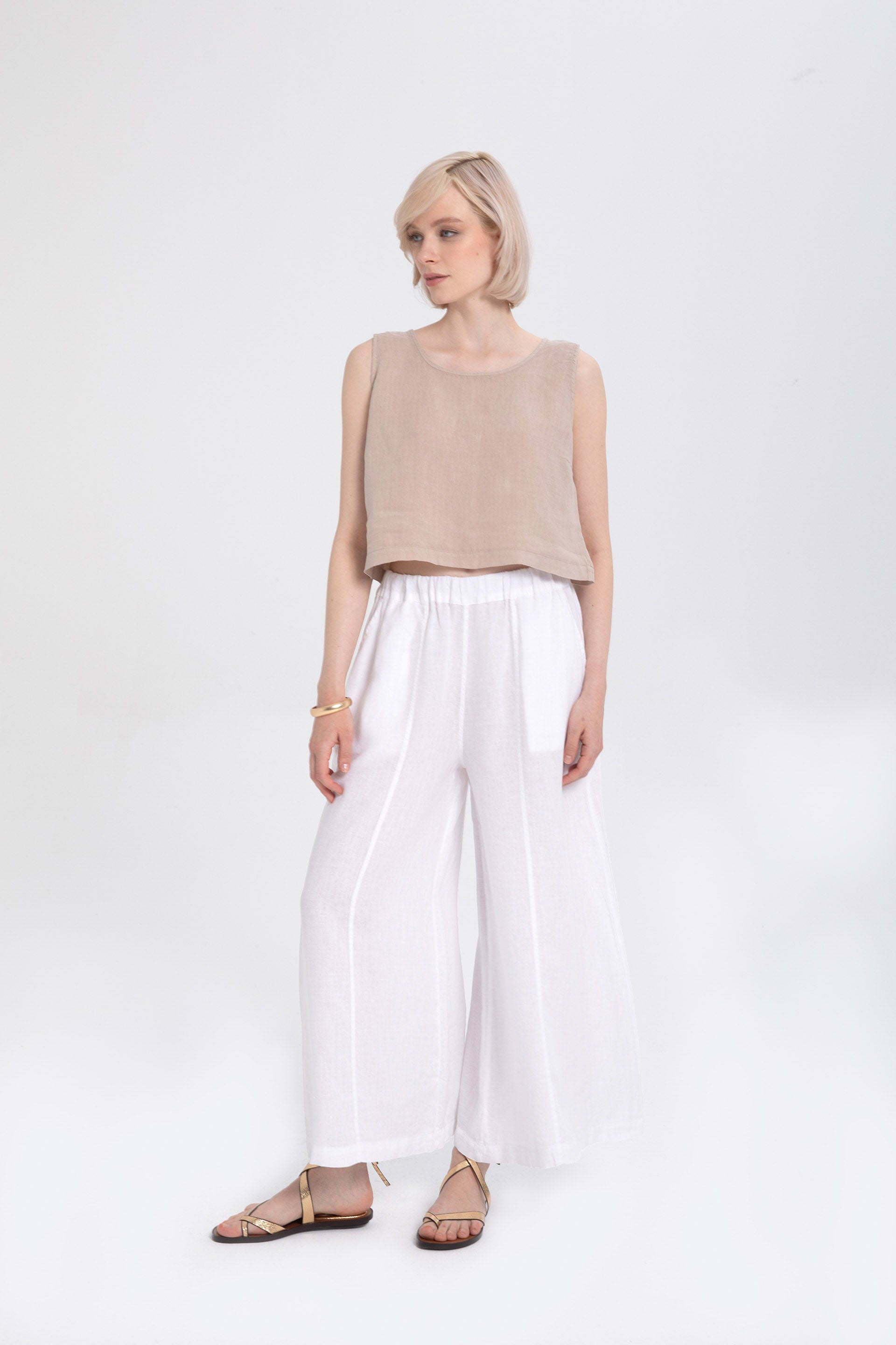 Saf Keten Arkadan Düğmeli Crop #renk_Flax