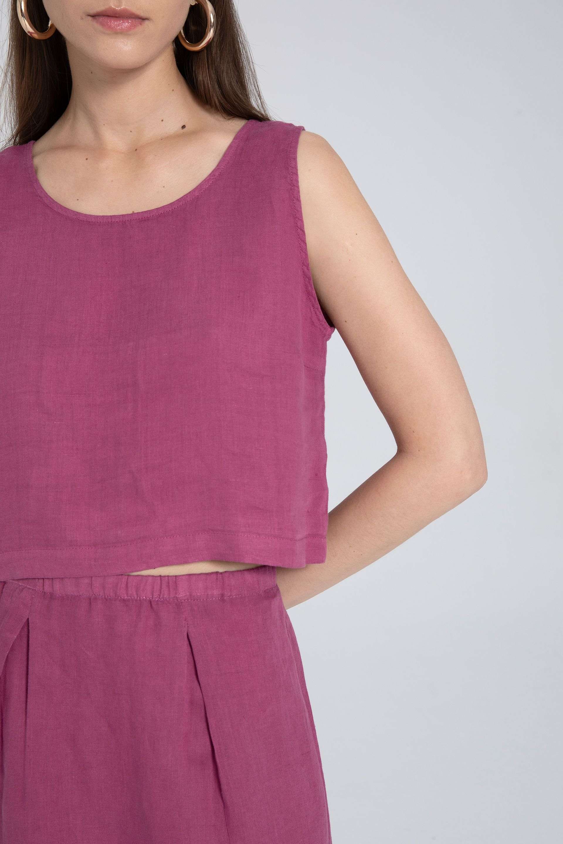 Saf Keten Arkadan Düğmeli Crop #renk_Fuşya