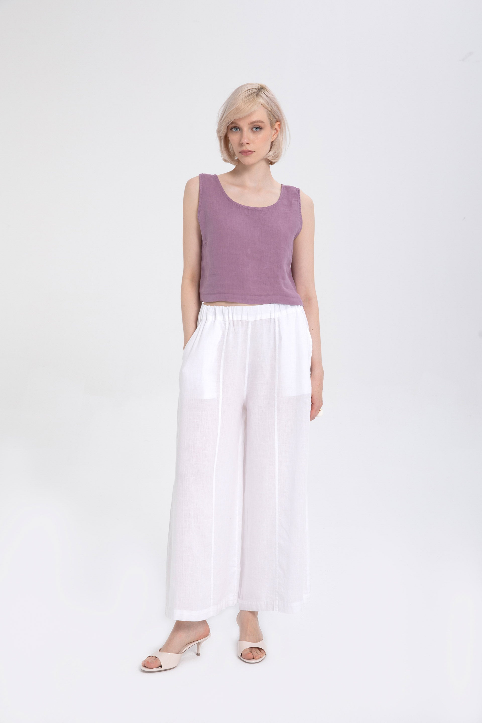 Saf Keten Arkadan Düğmeli Crop #renk_Mor