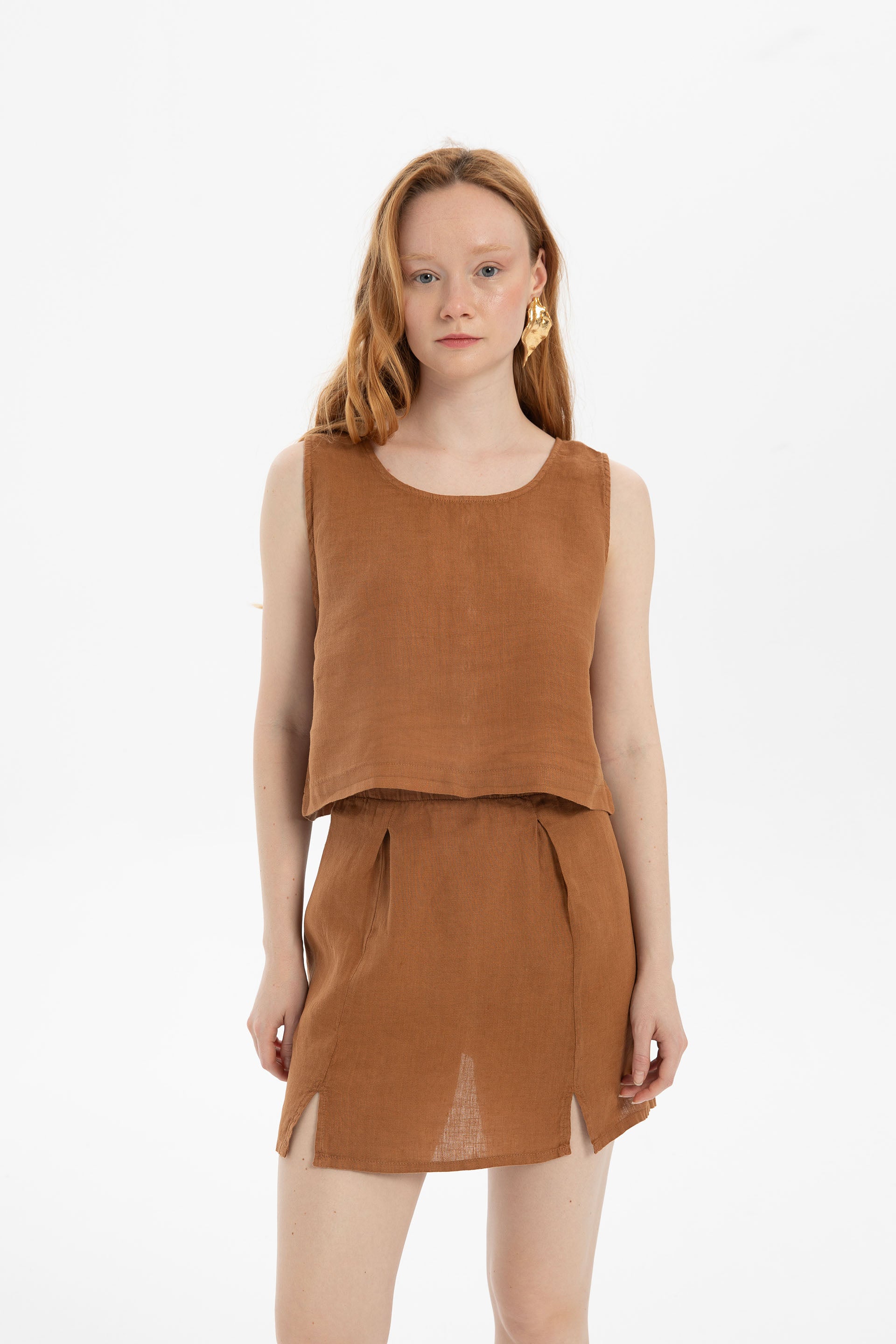 Saf Keten Arkadan Düğmeli Crop #renk_Terra Cotta