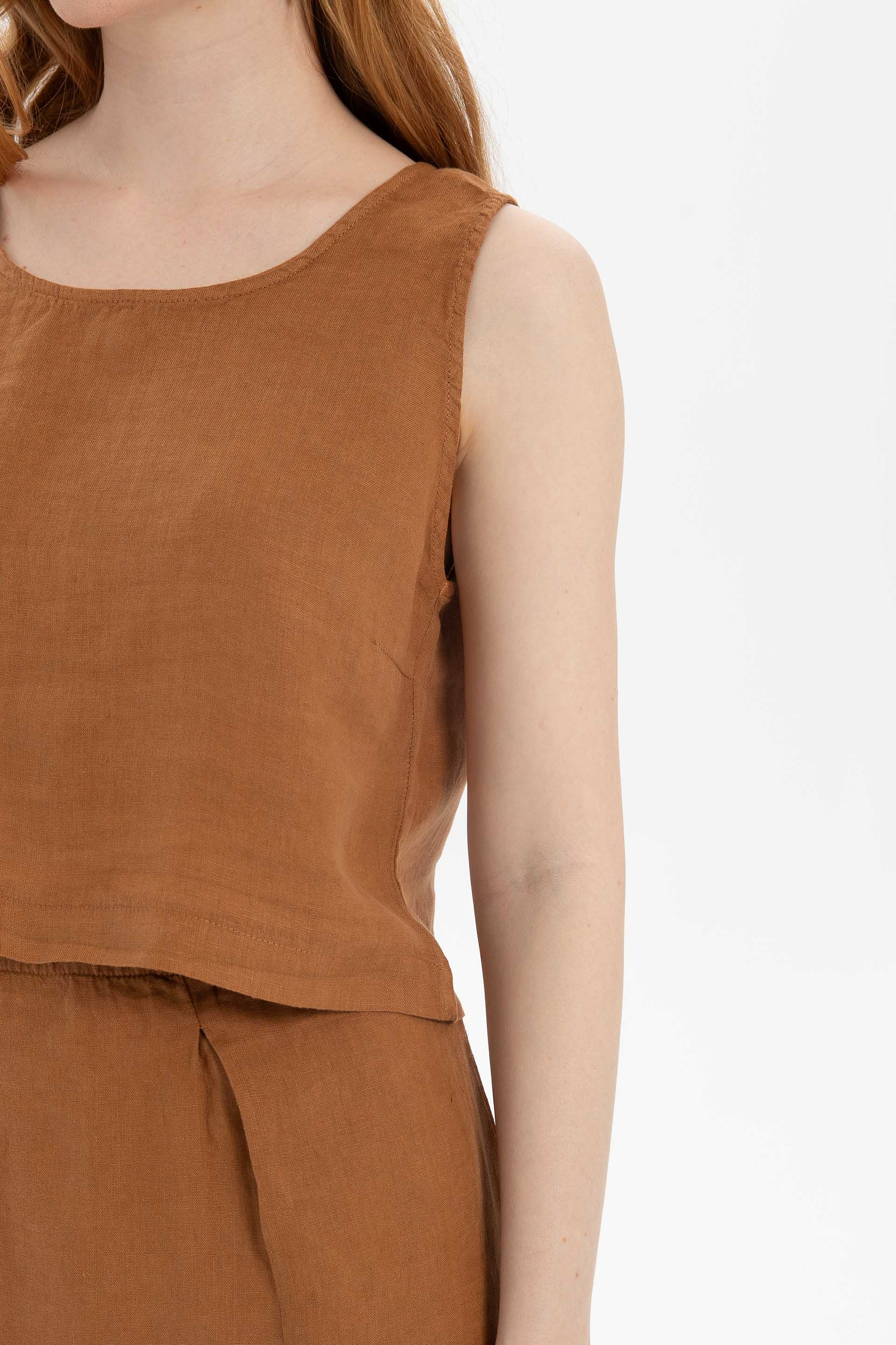 Saf Keten Arkadan Düğmeli Crop #renk_Terra Cotta