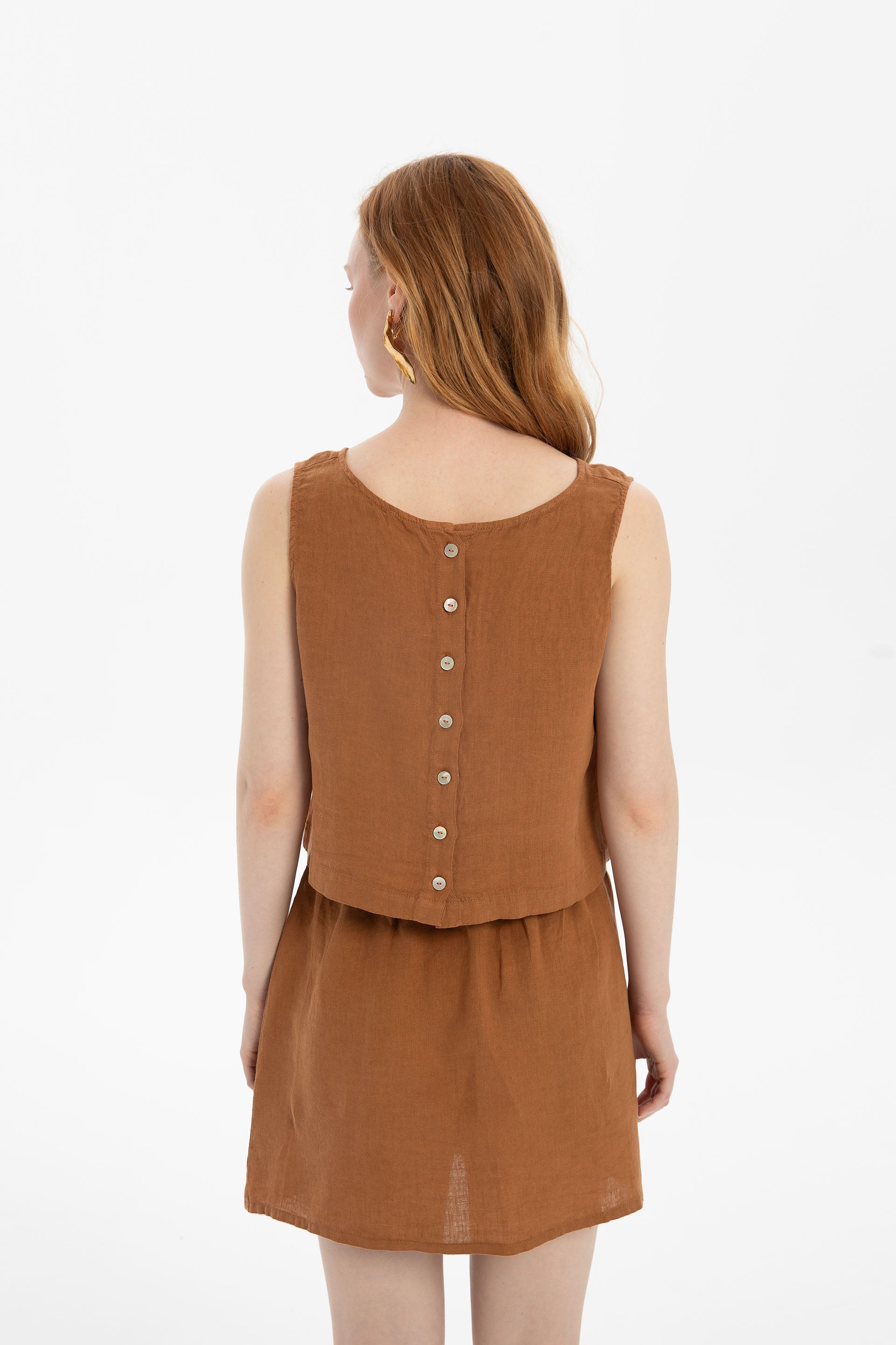 Saf Keten Arkadan Düğmeli Crop #renk_Terra Cotta