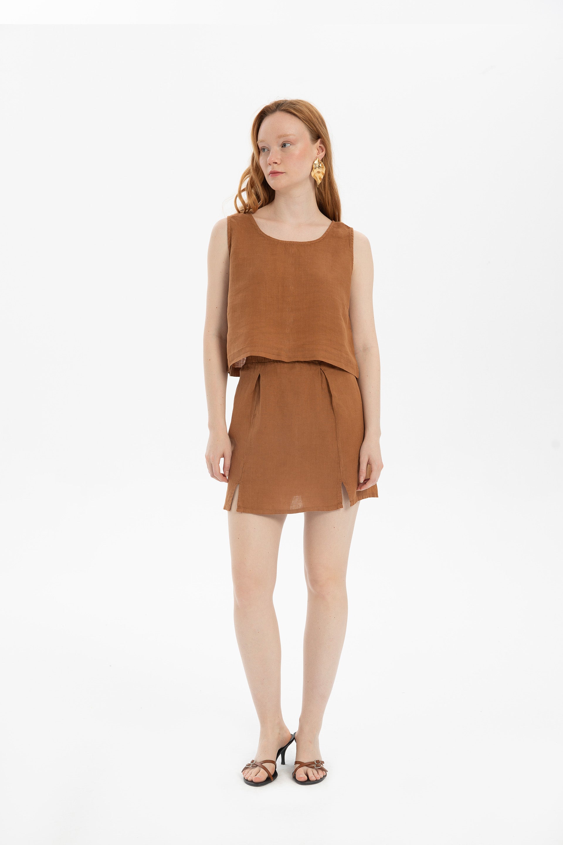 Saf Keten Arkadan Düğmeli Crop #renk_Terra Cotta