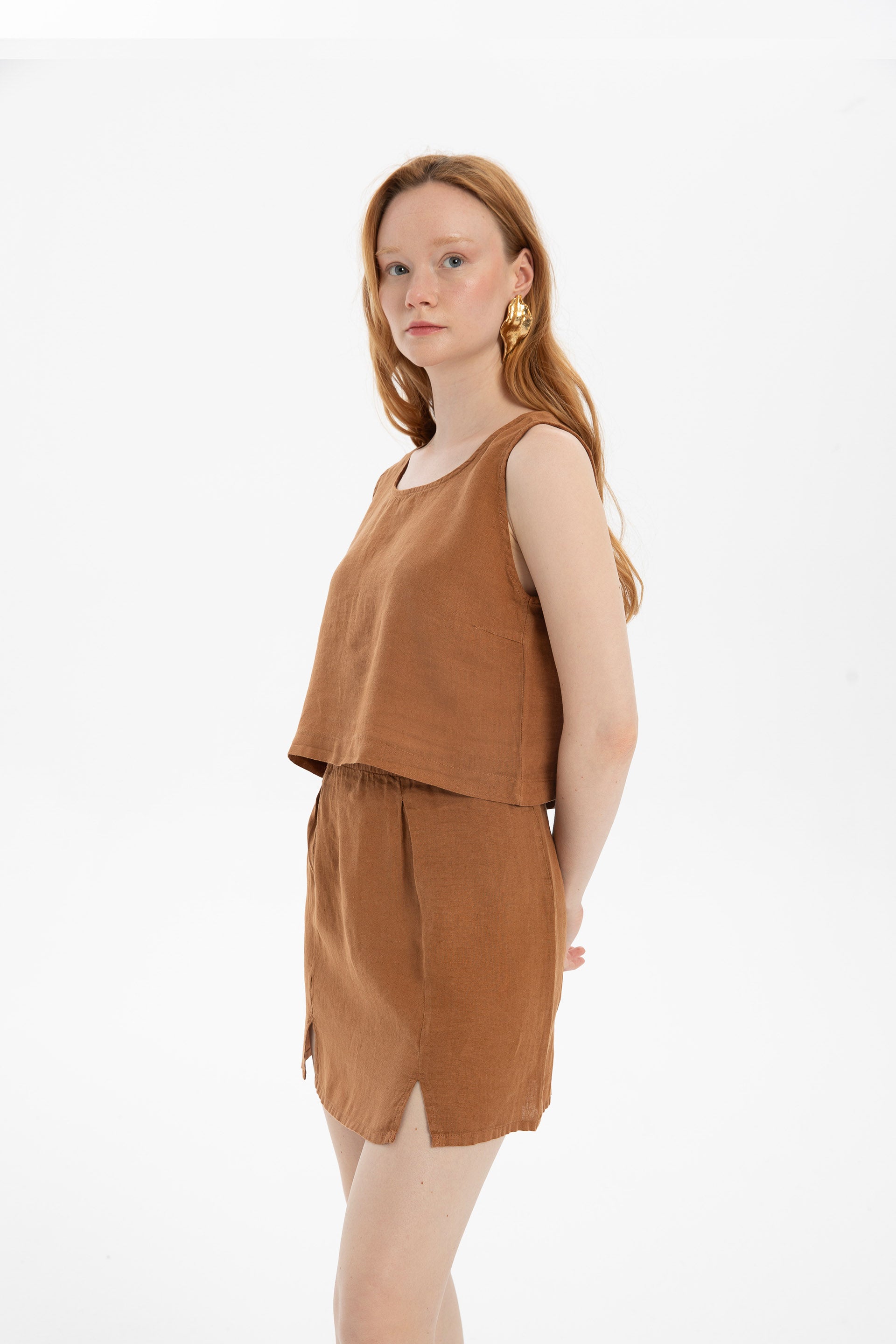 Saf Keten Arkadan Düğmeli Crop #renk_Terra Cotta