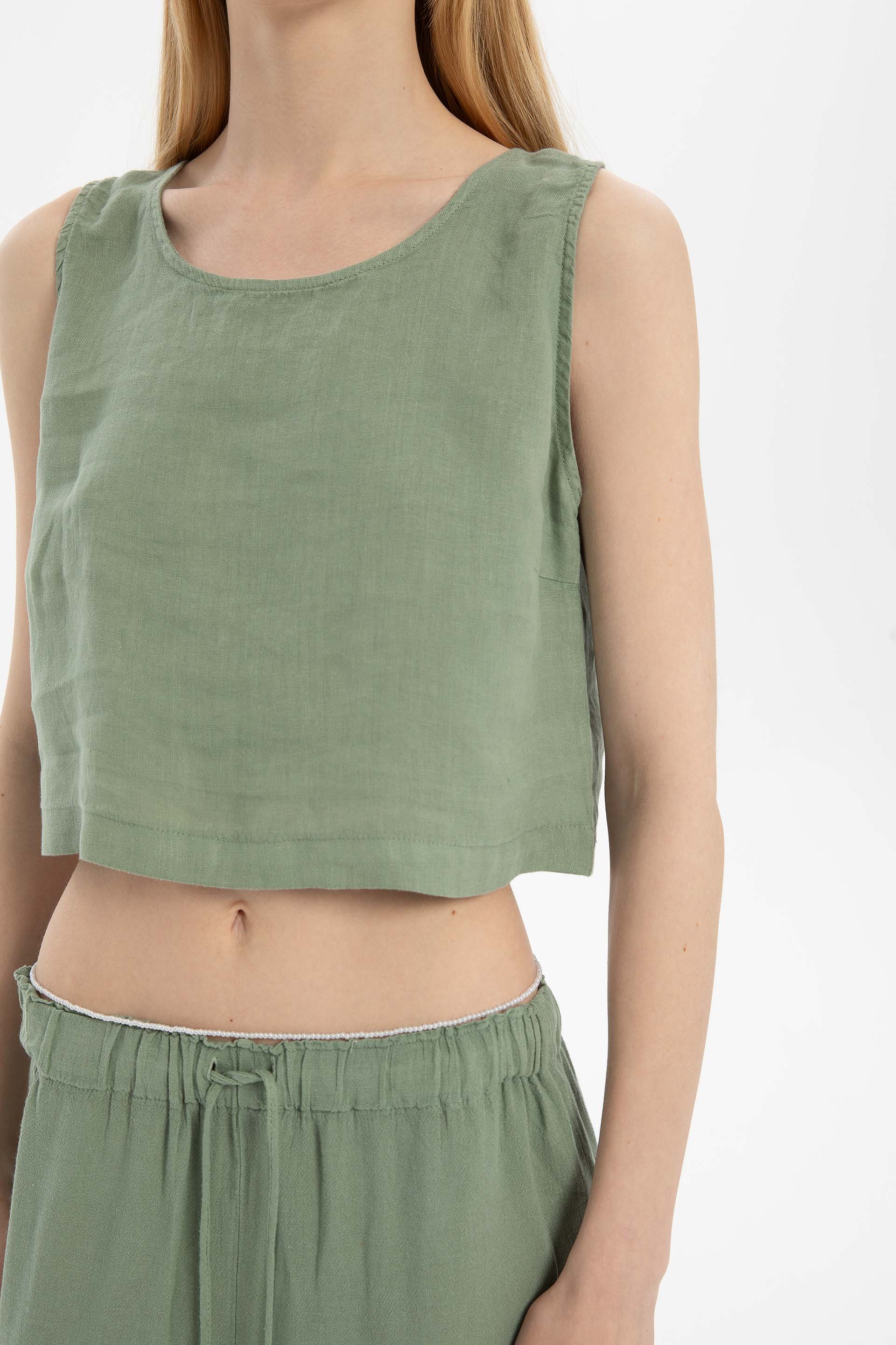 Saf Keten Arkadan Düğmeli Crop #renk_Yosun Yeşili