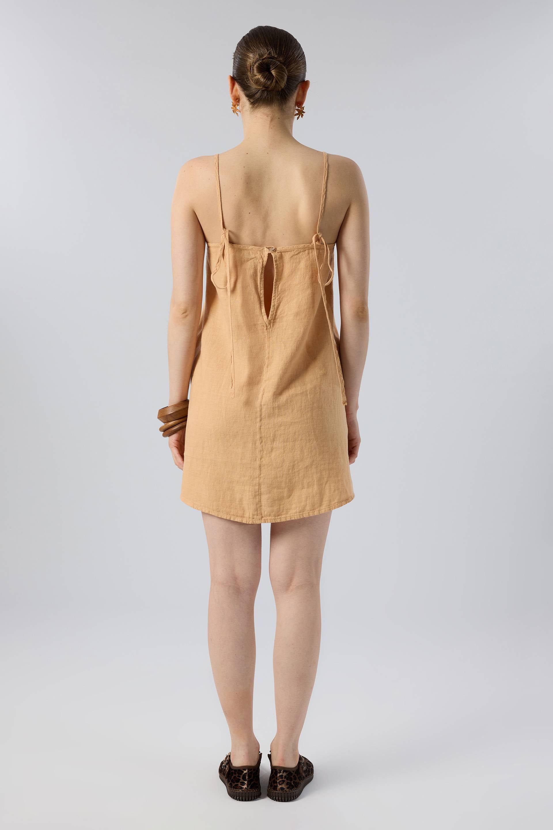 Askılı Keten Kısa Elbise #renk_Kil Beji