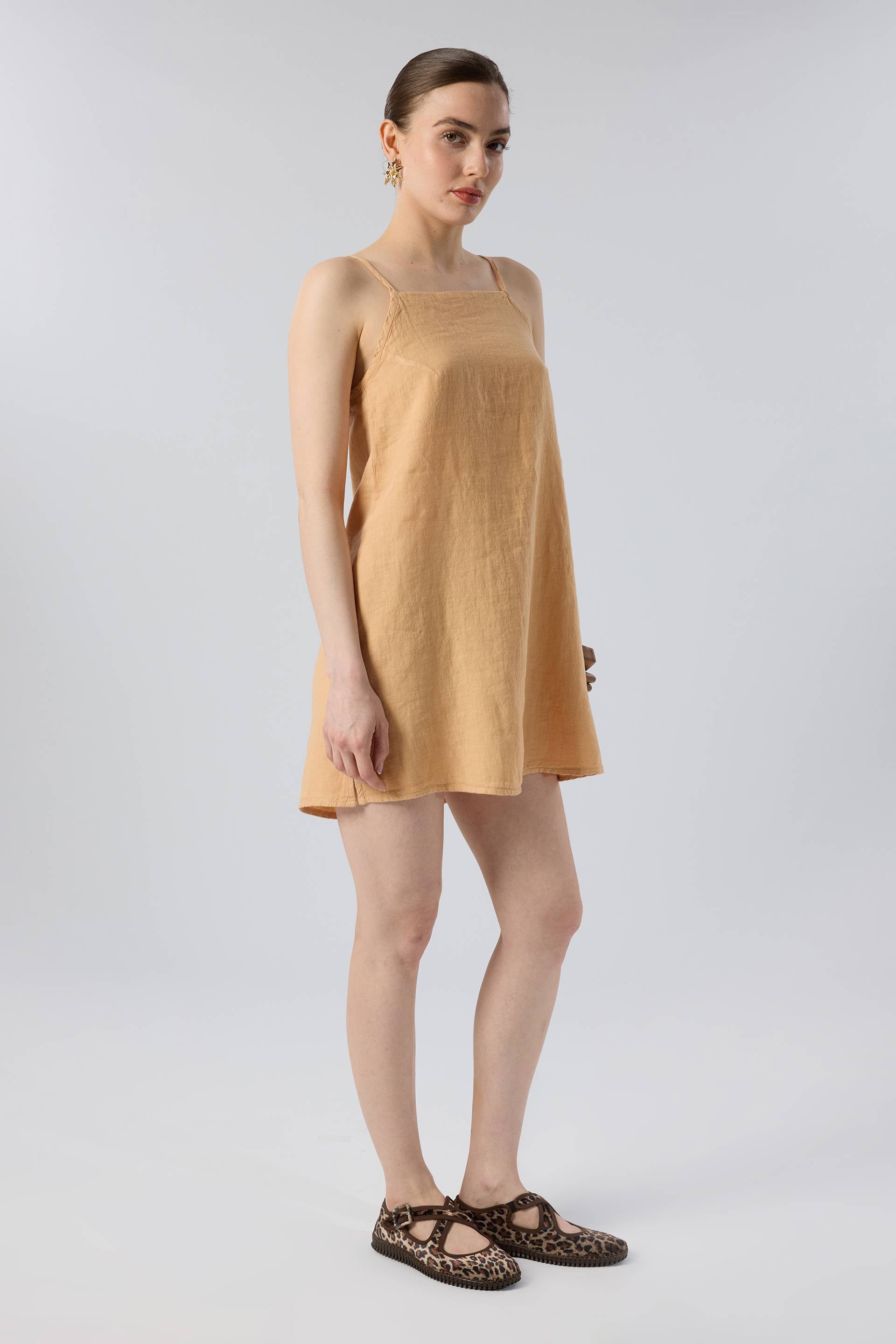 Askılı Keten Kısa Elbise #renk_Kil Beji