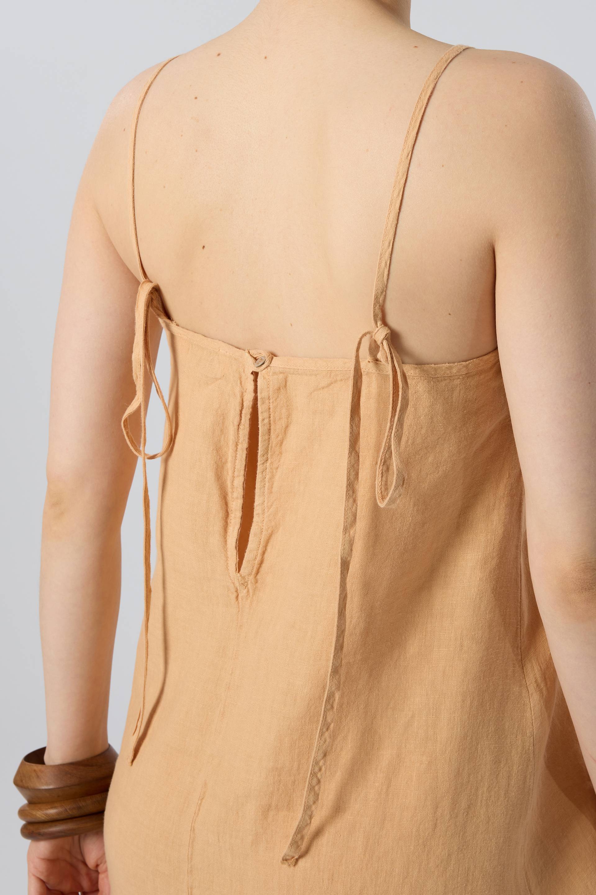 Askılı Keten Kısa Elbise #renk_Kil Beji