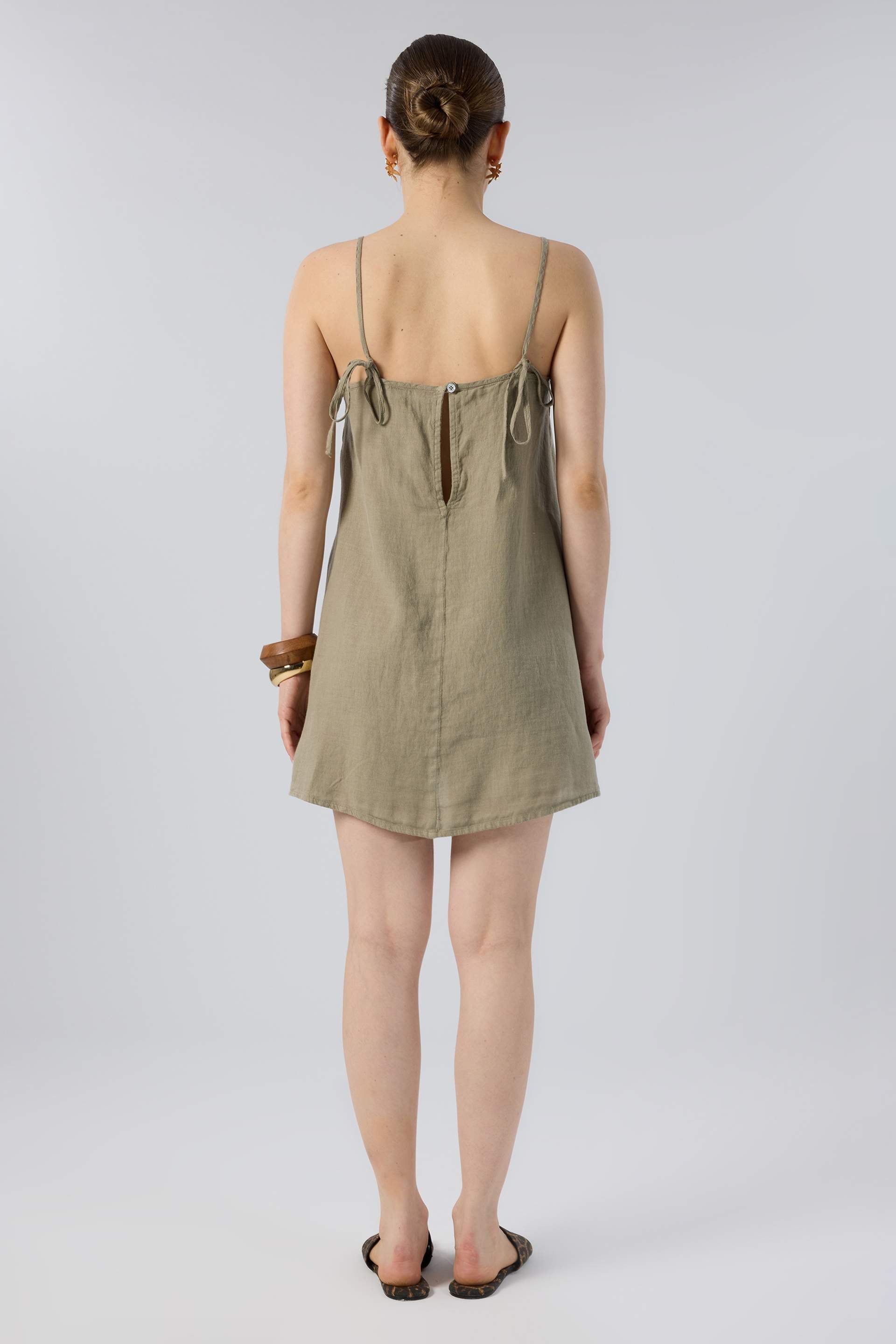 Askılı Keten Kısa Elbise #renk_Olive