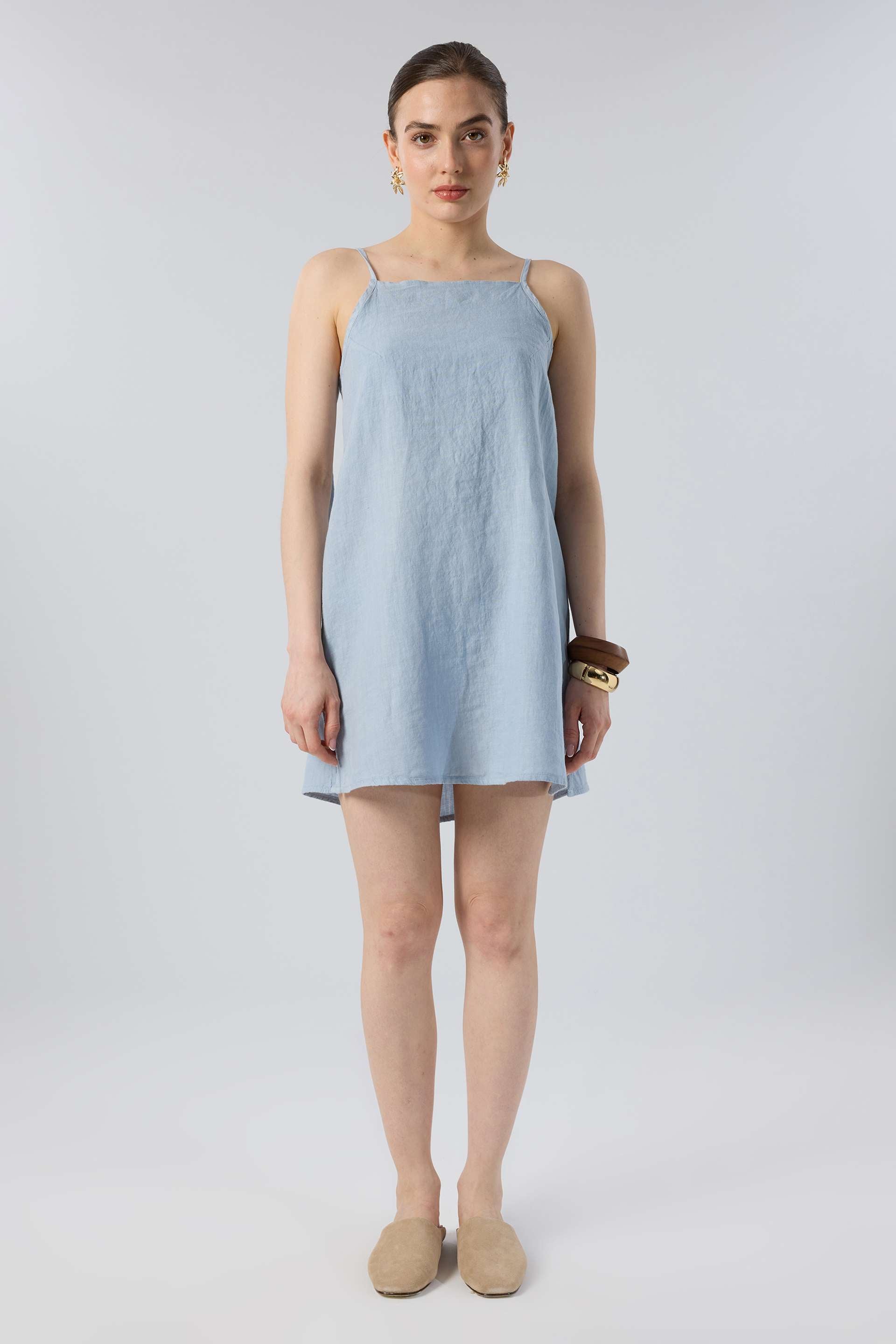Askılı Keten Kısa Elbise #renk_Sisli Mavi