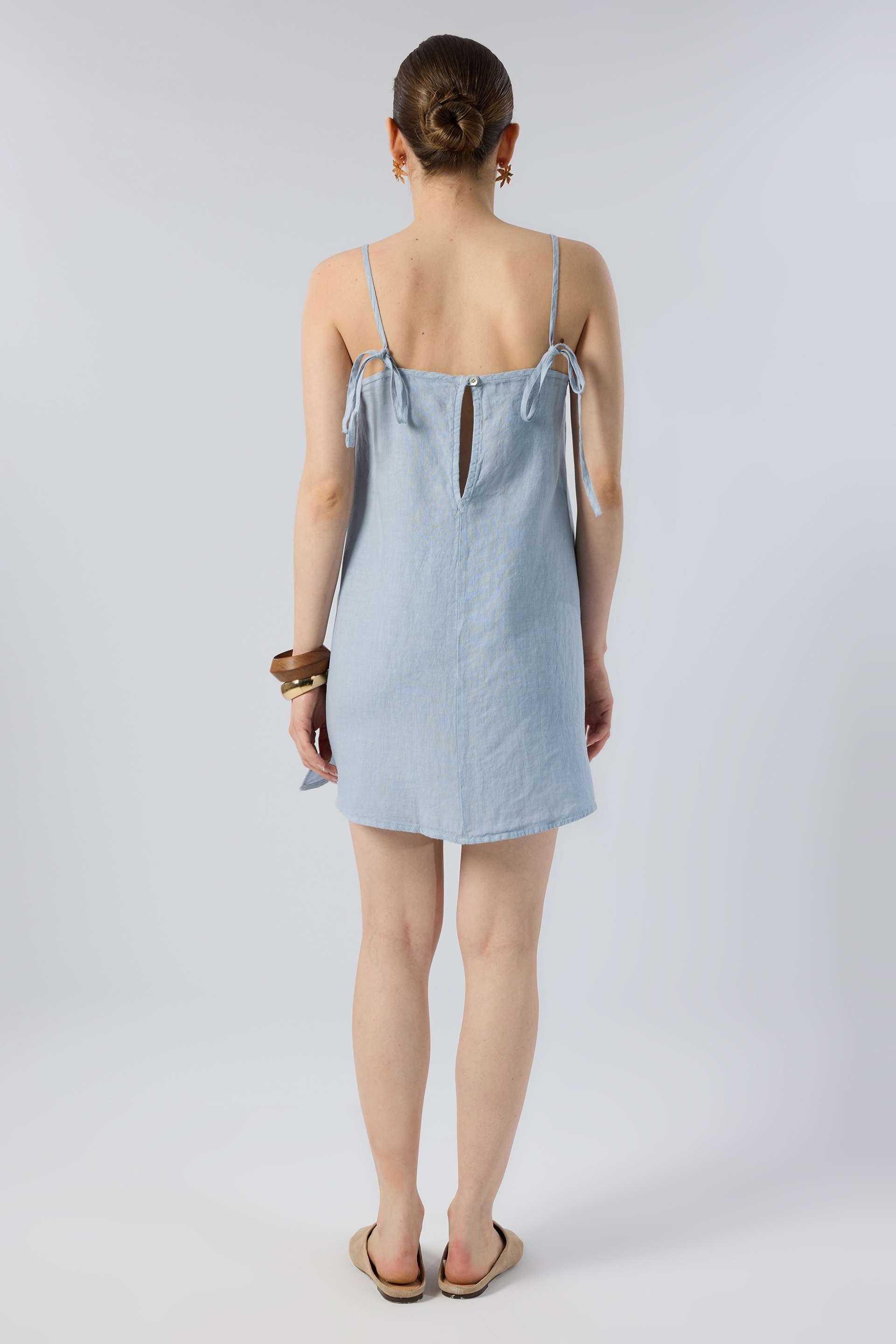 Askılı Keten Kısa Elbise #renk_Sisli Mavi