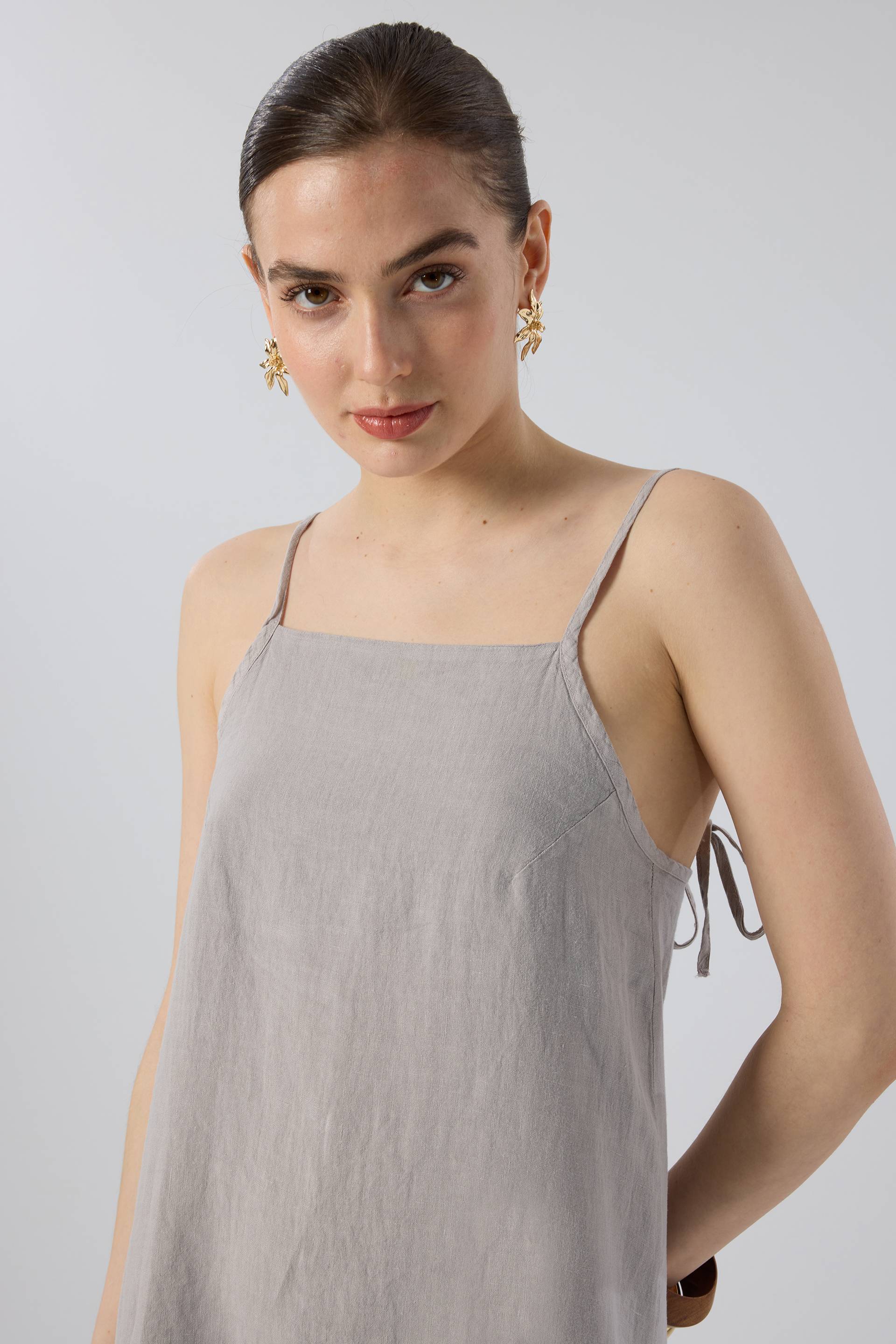 Askılı Keten Kısa Elbise #renk_Taş Gri