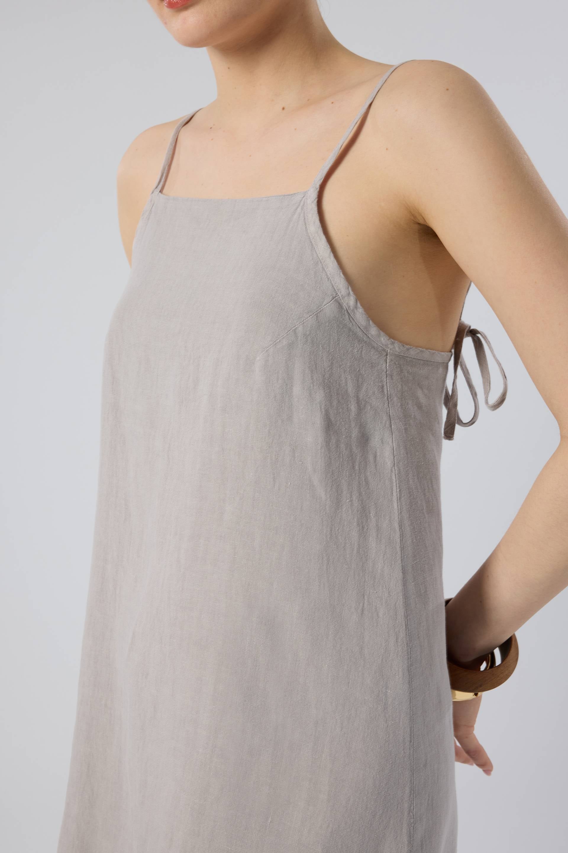Askılı Keten Kısa Elbise #renk_Taş Gri