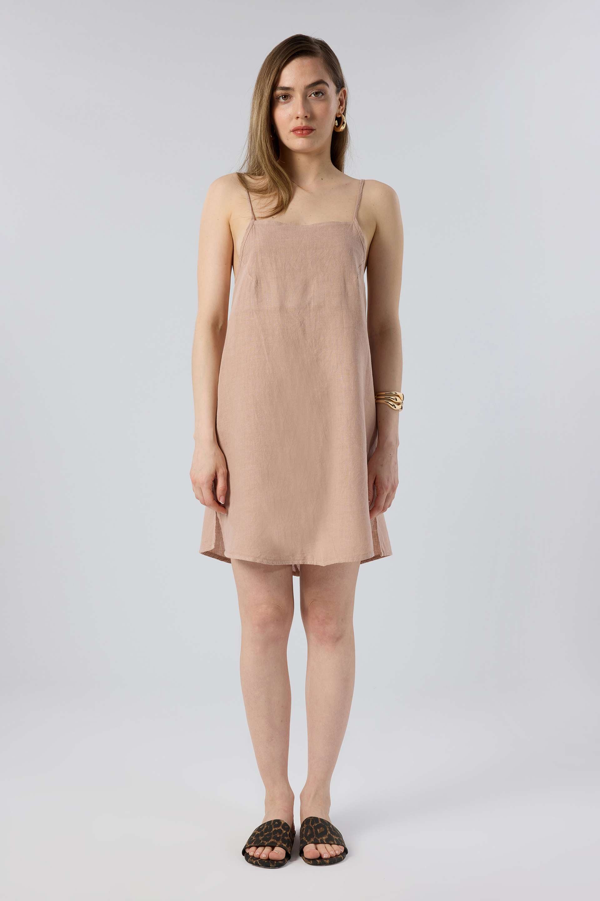 Askılı Keten Kısa Elbise #renk_Toprak Beji