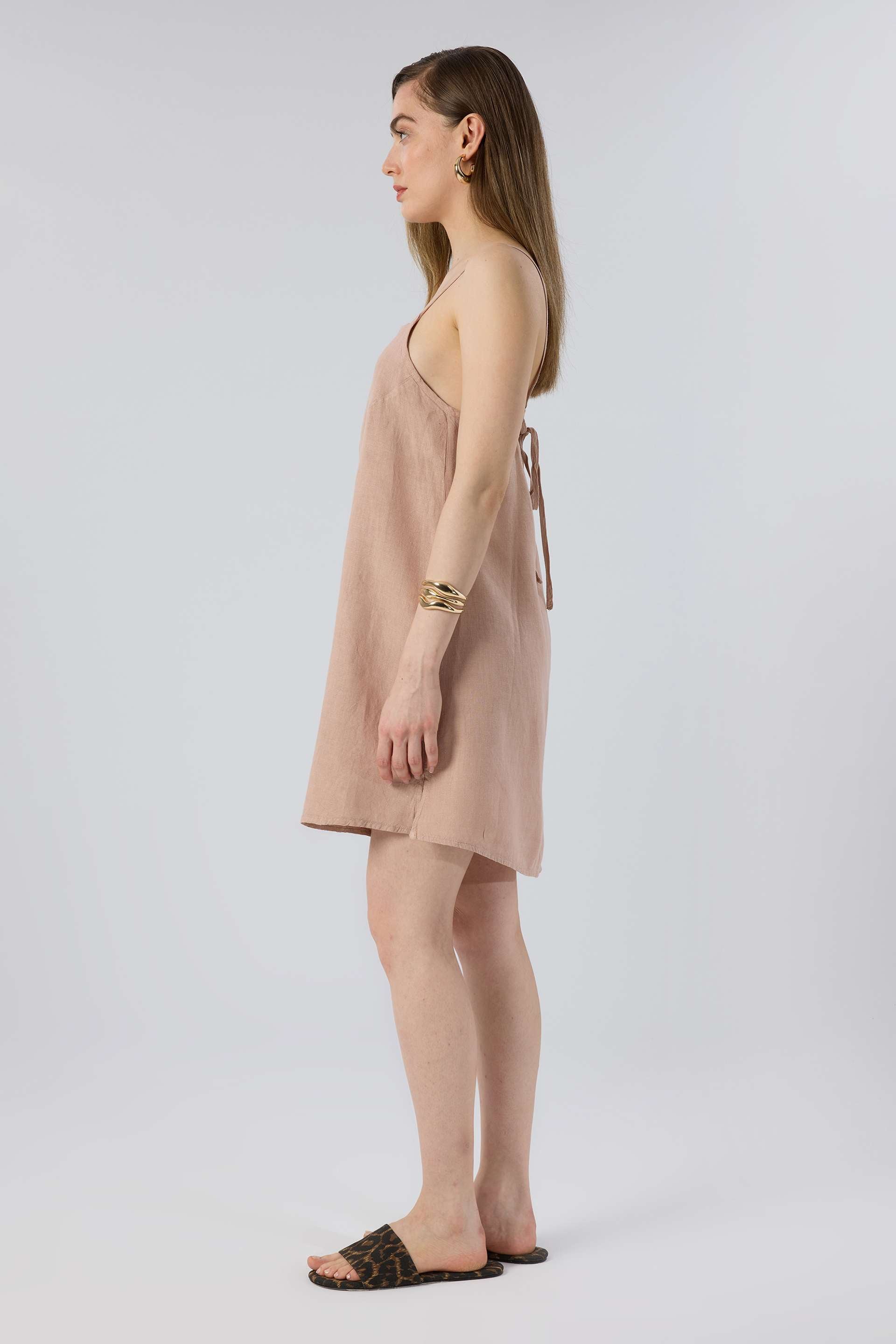 Askılı Keten Kısa Elbise #renk_Toprak Beji