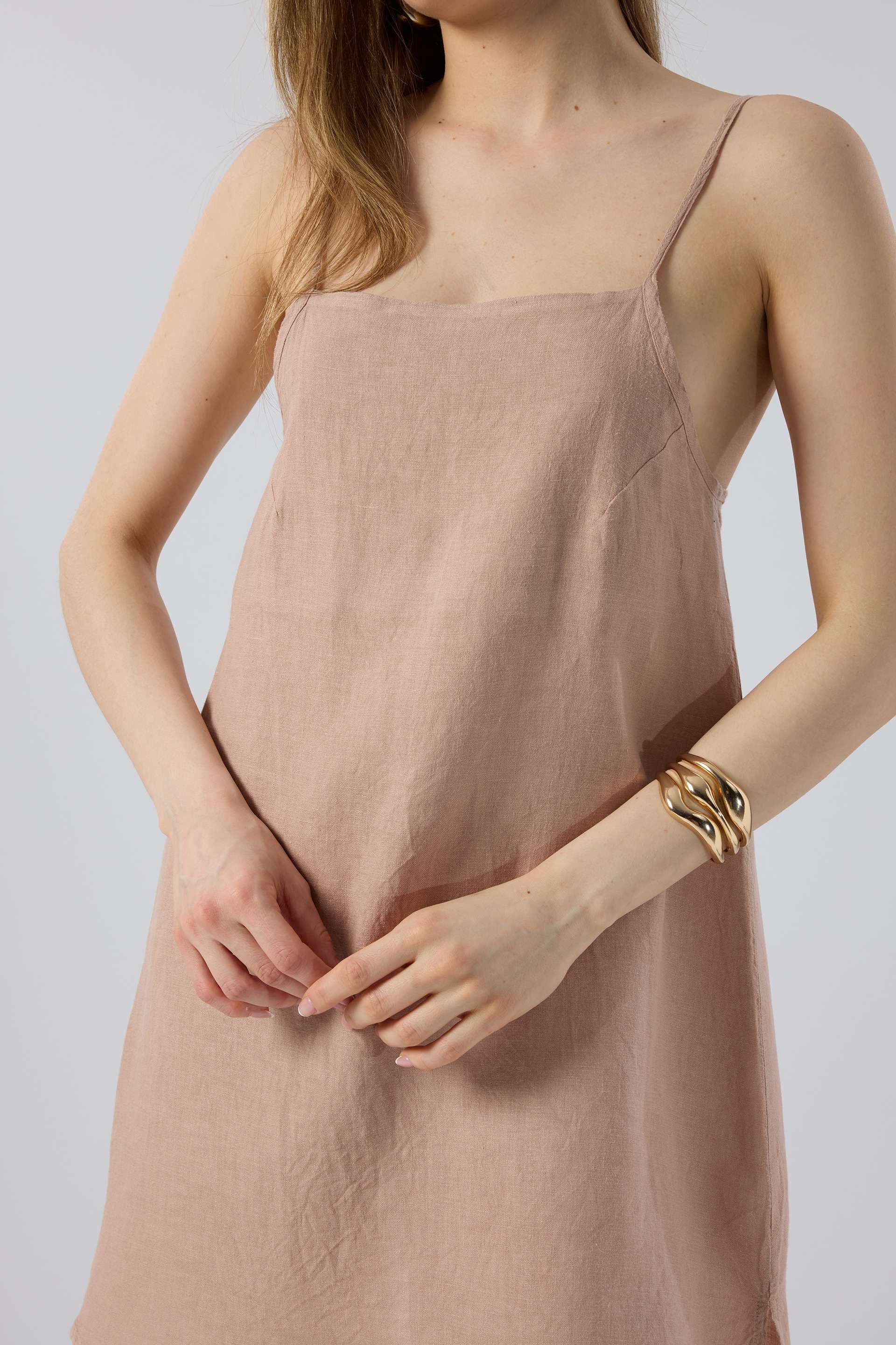 Askılı Keten Kısa Elbise #renk_Toprak Beji