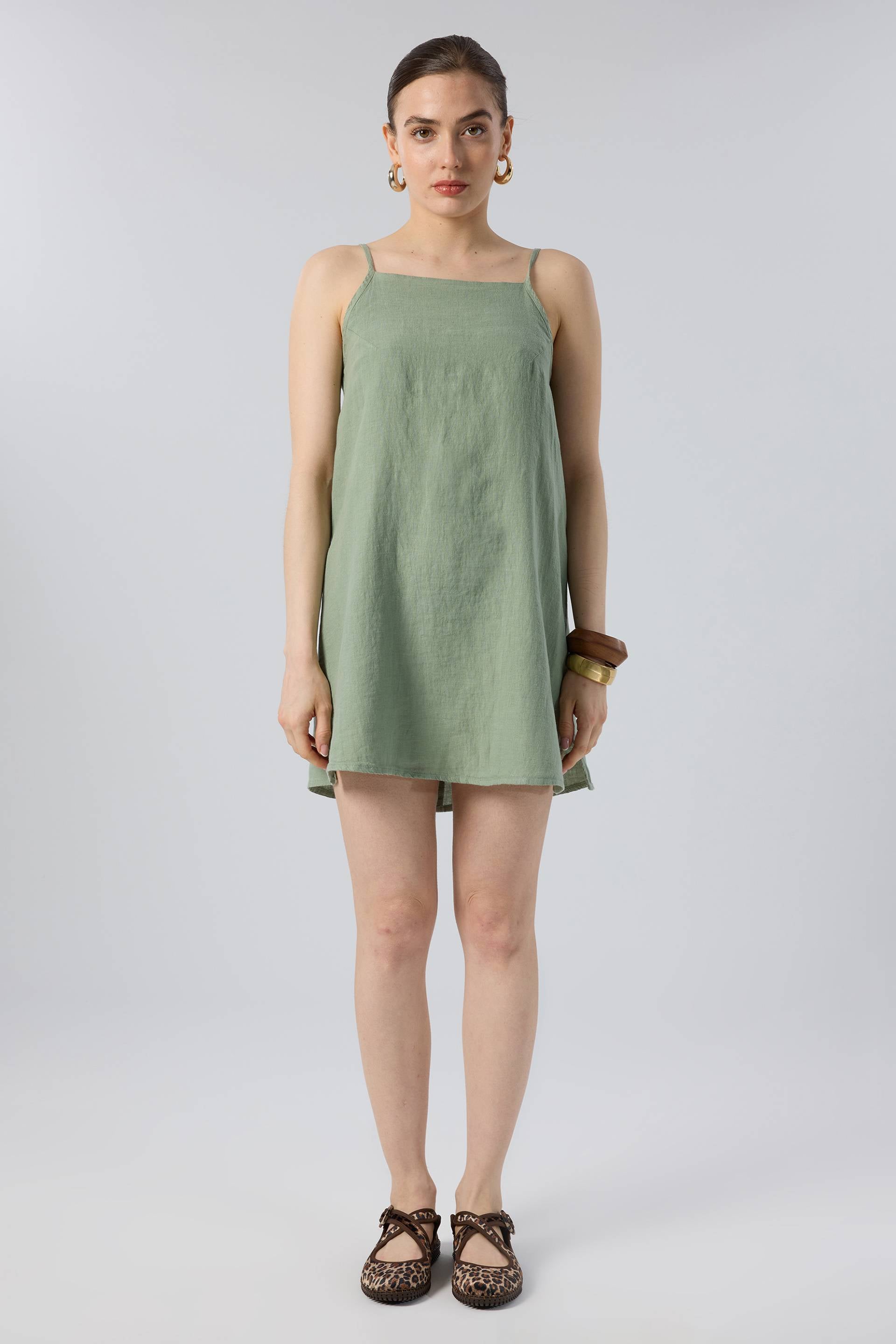 Askılı Keten Kısa Elbise #renk_Yosun Yeşili