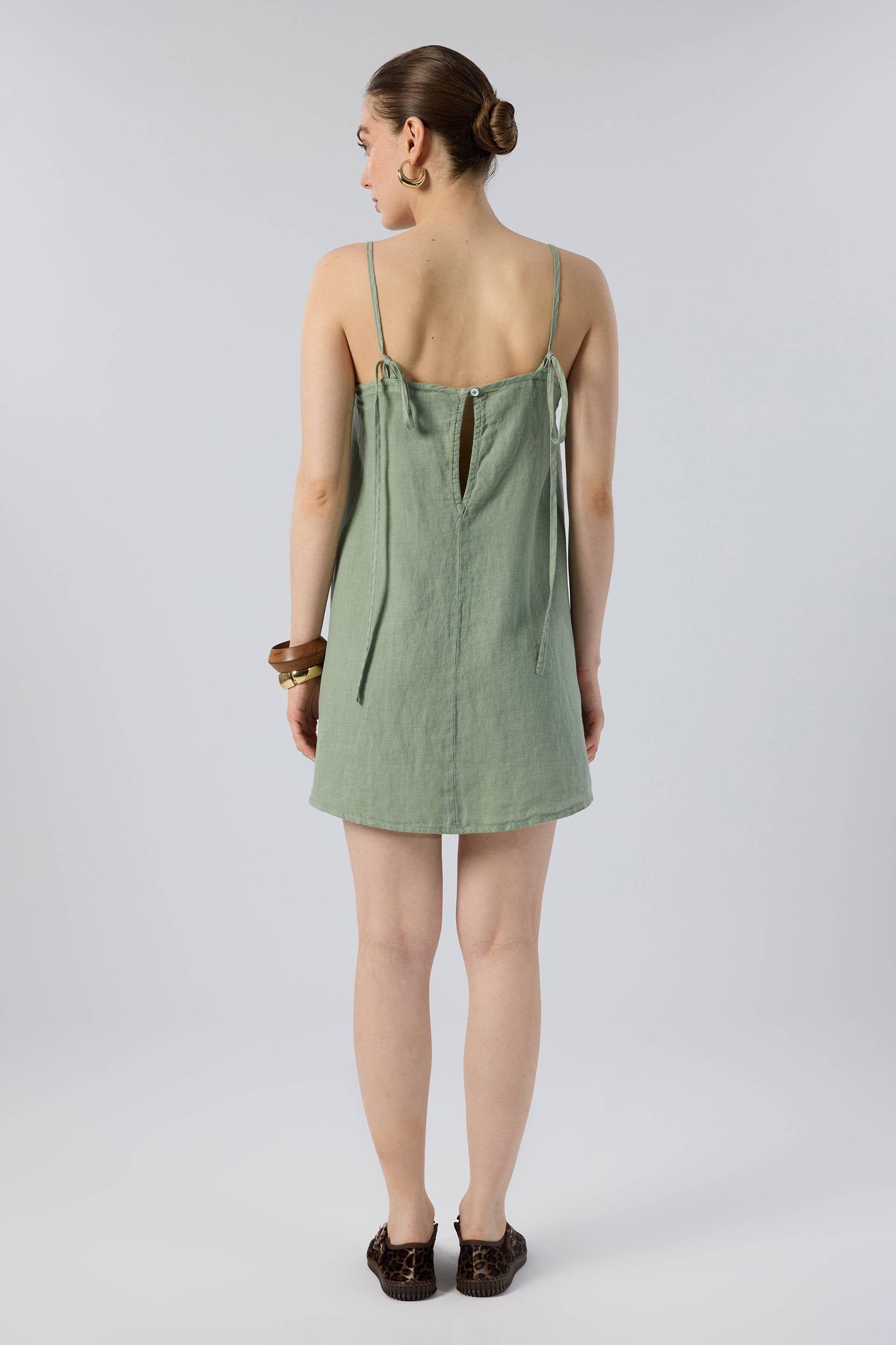 Askılı Keten Kısa Elbise #renk_Yosun Yeşili