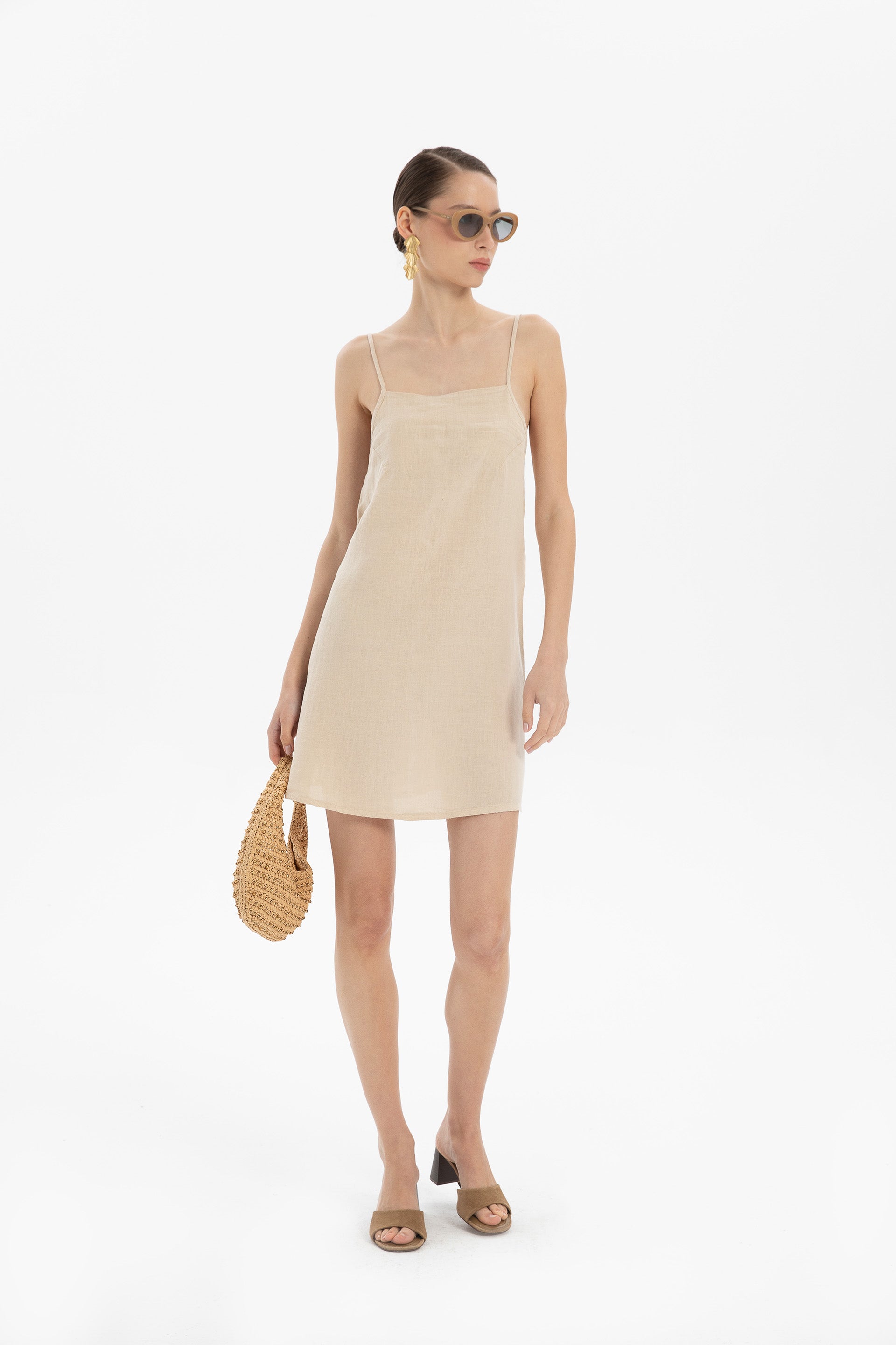 Keten İp Askılı Mini Elbise #renk_Bej