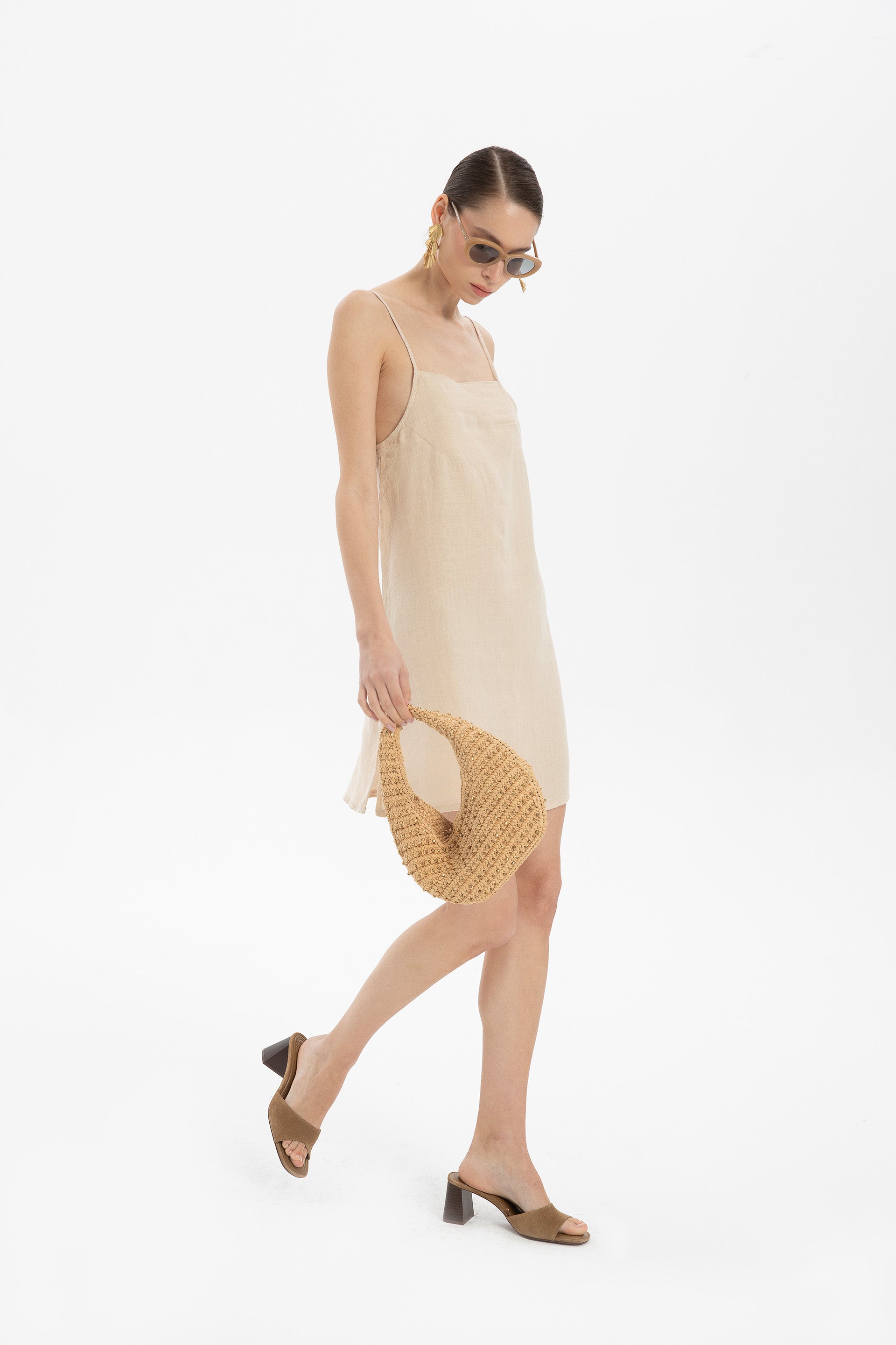 Keten İp Askılı Mini Elbise #renk_Bej