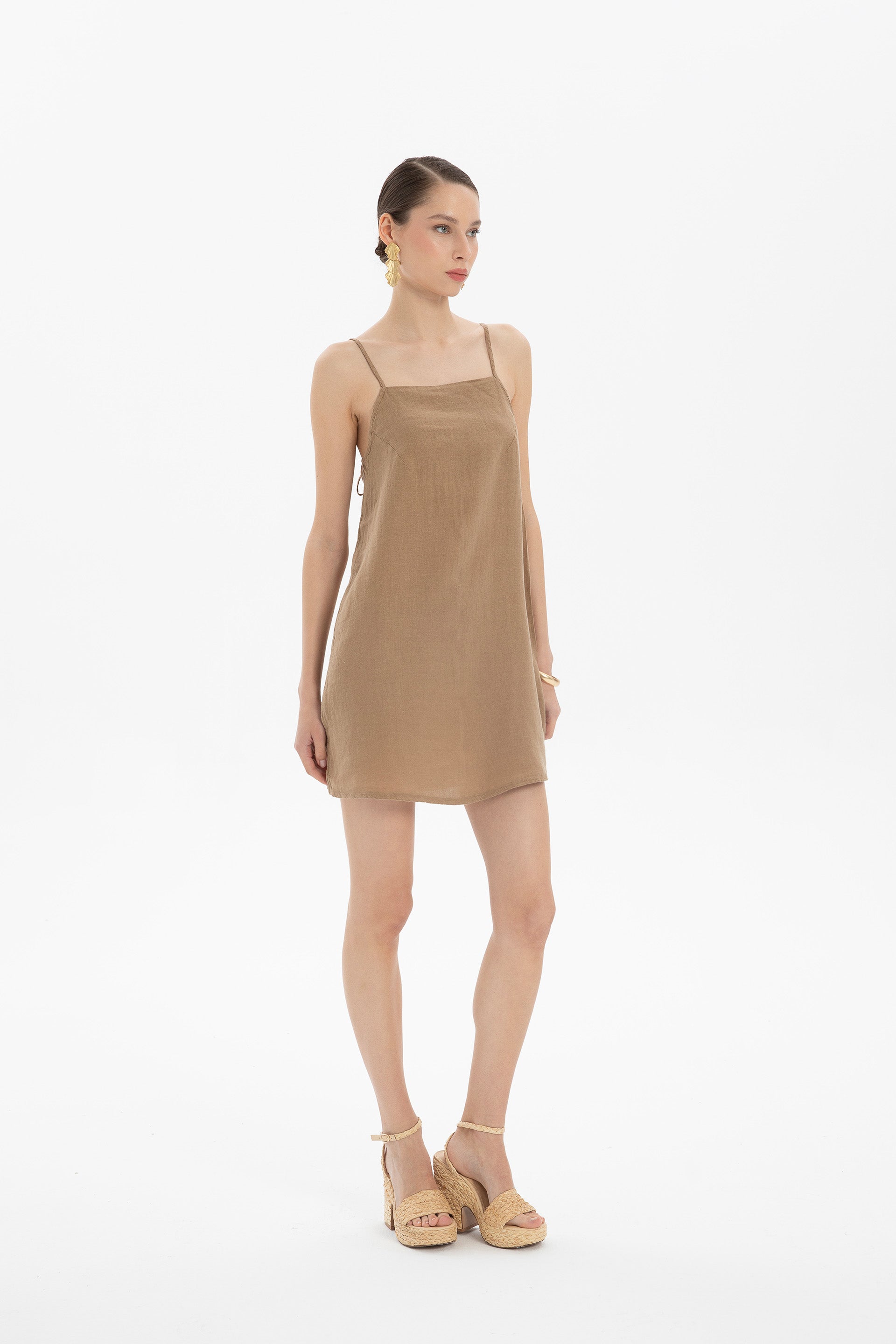 Keten İp Askılı Mini Elbise #renk_Kahve
