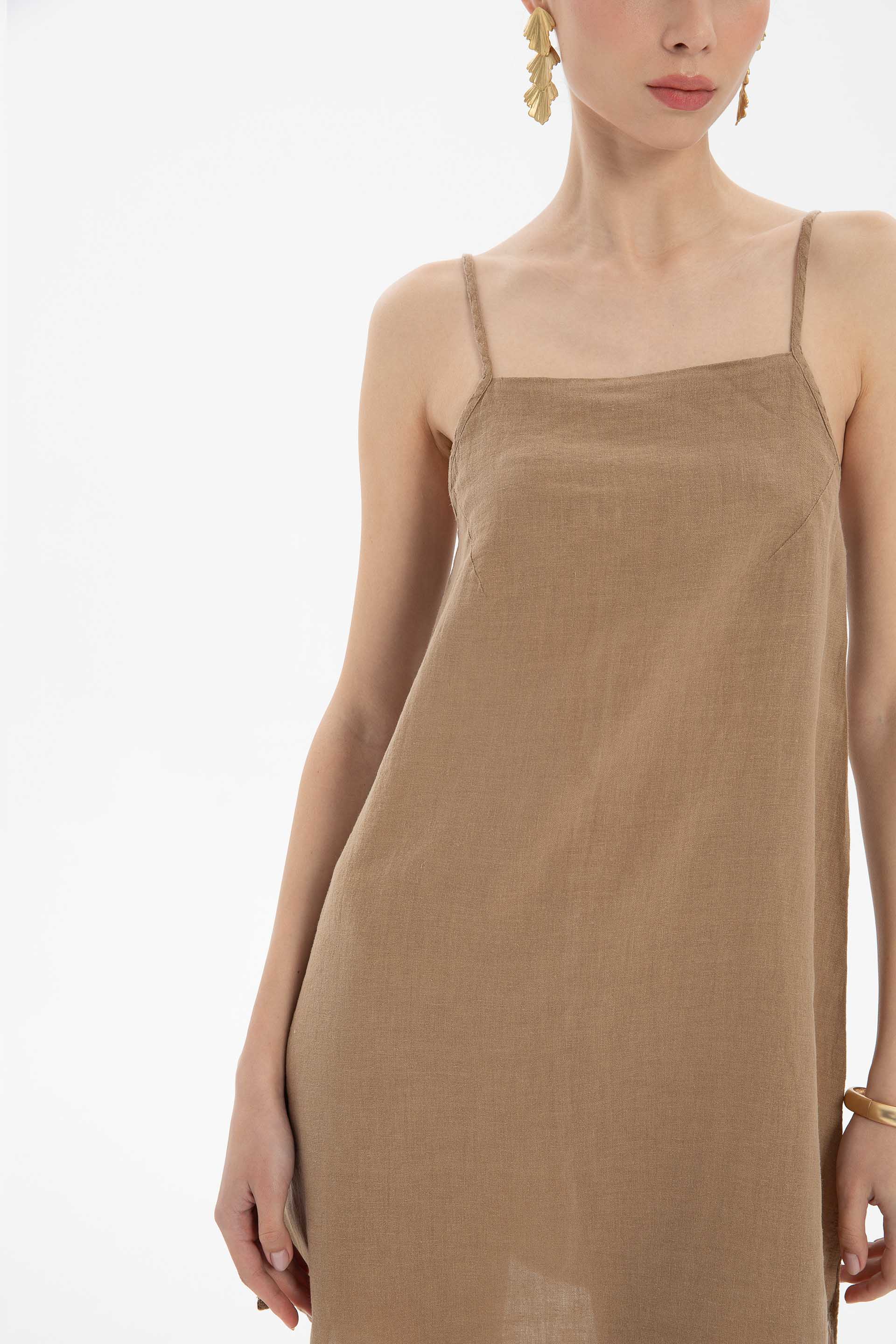 Keten İp Askılı Mini Elbise #renk_Kahve