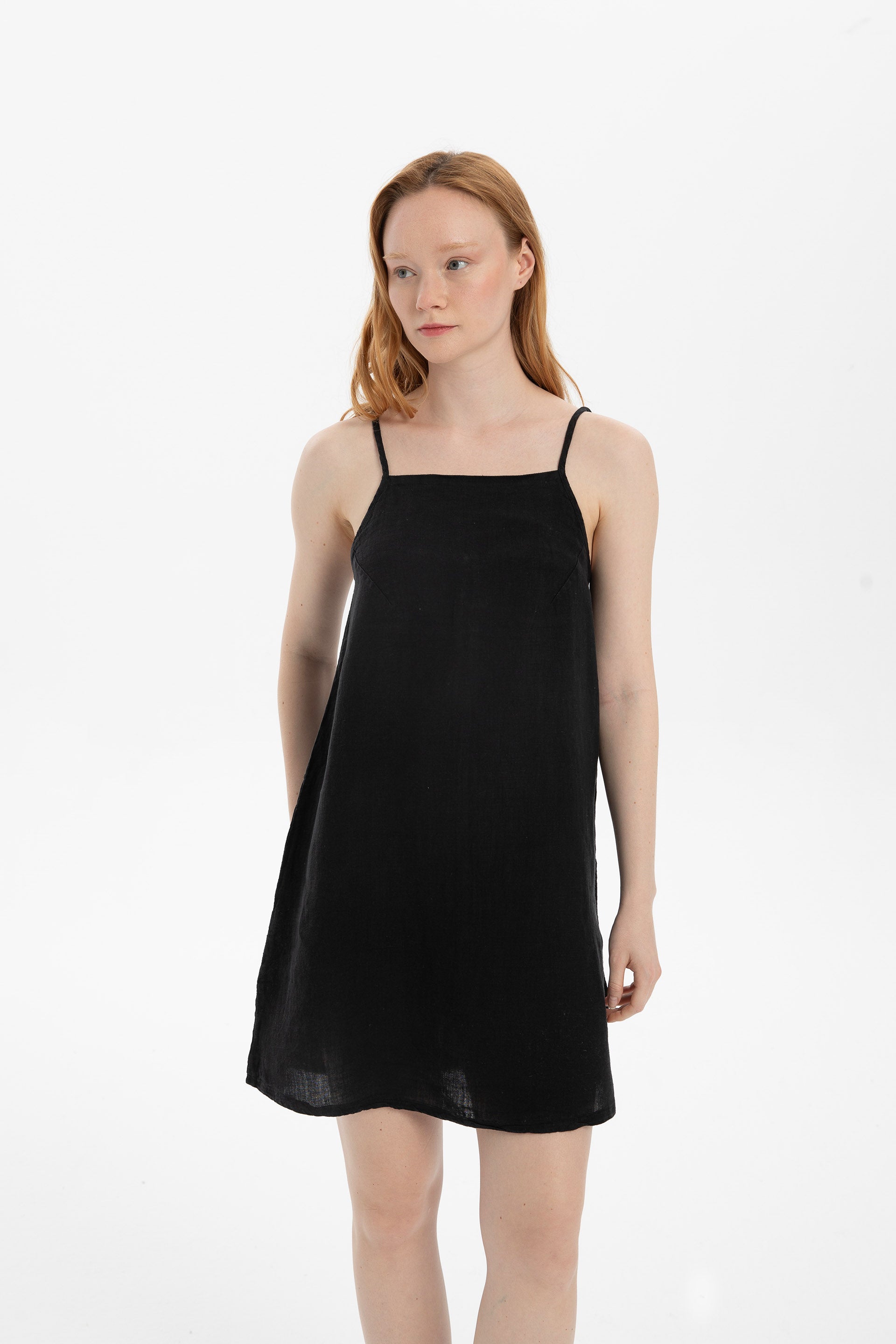 Keten İp Askılı Mini Elbise #renk_Siyah