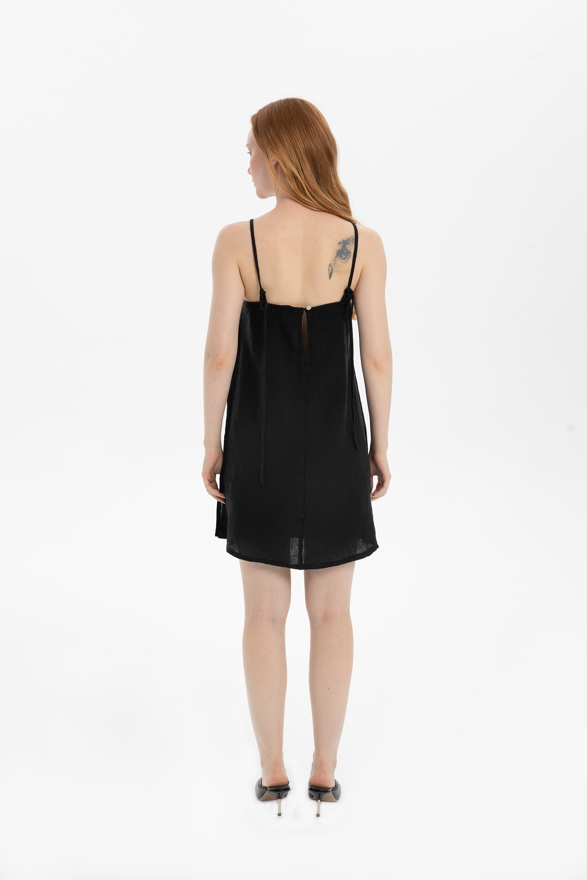 Keten İp Askılı Mini Elbise #renk_Siyah