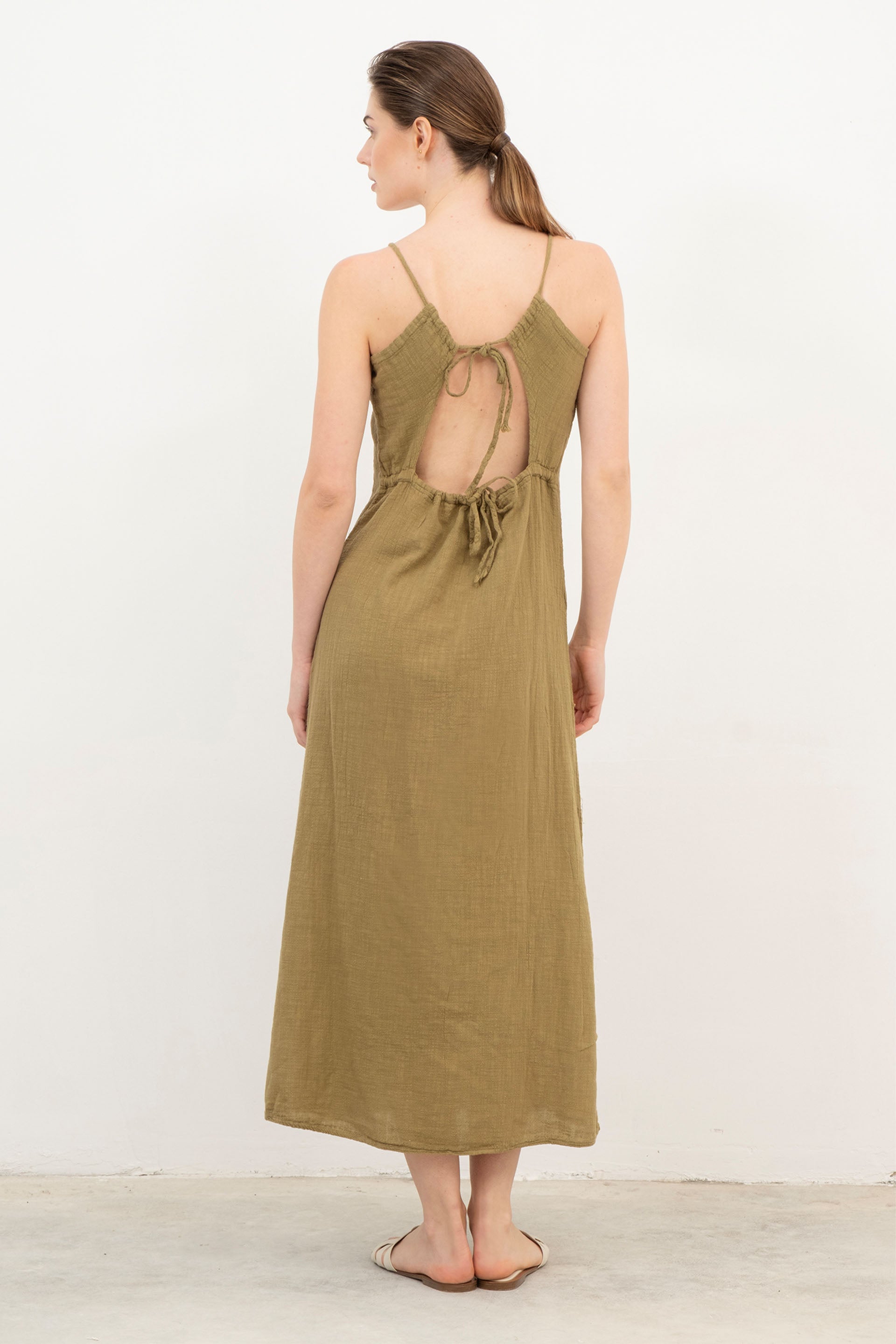 Pamuk İp Askılı Sırt Dekolteli Kadın Elbise / Haki #Renk_Haki