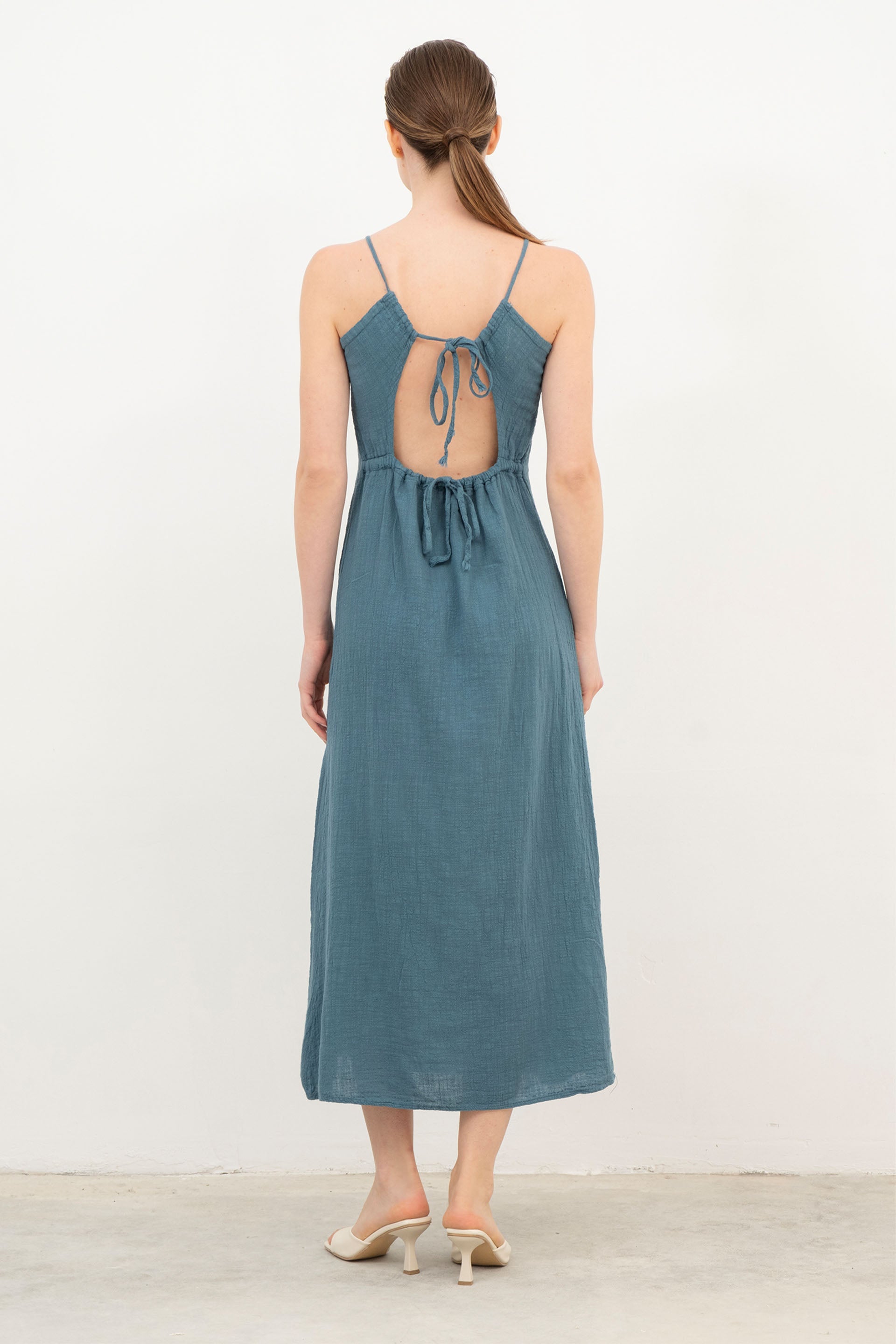 Pamuk İp Askılı Sırt Dekolteli Kadın Elbise / Petrol #Renk_Petrol