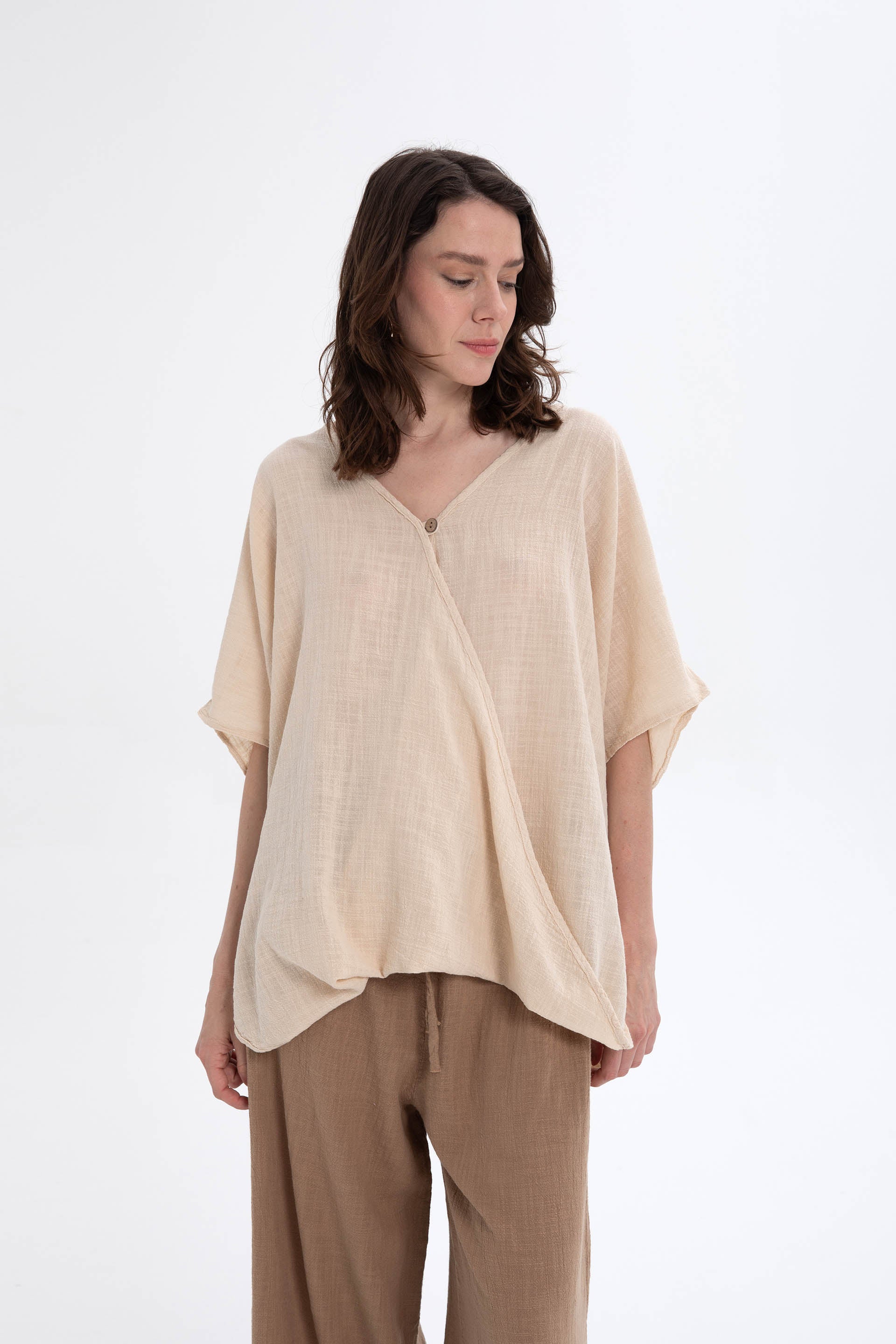 Oversize Önü Düğmeli Anvelop Bluz