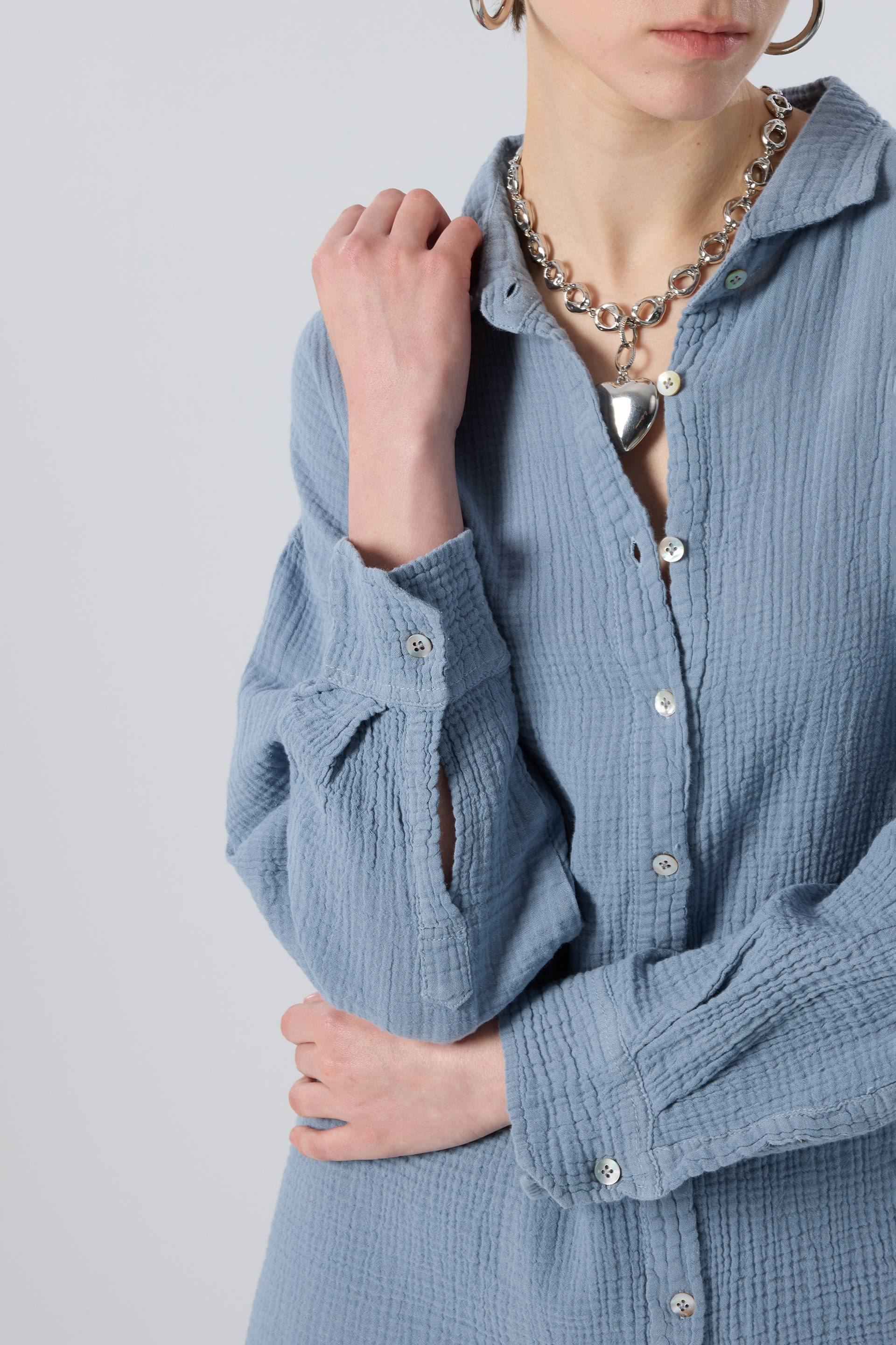 Oversize Müslin Kadın Gömlek #renk_Buz Mavi