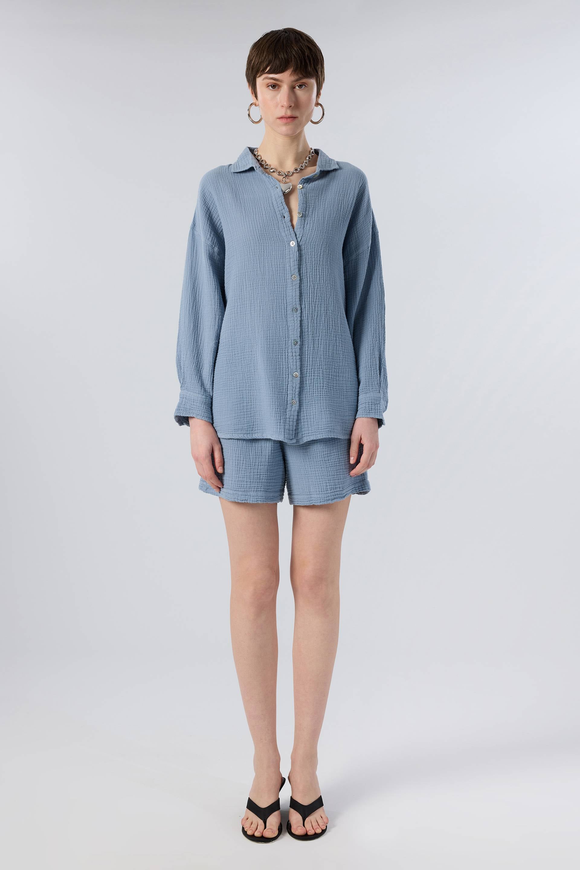 Oversize Müslin Kadın Gömlek #renk_Buz Mavi