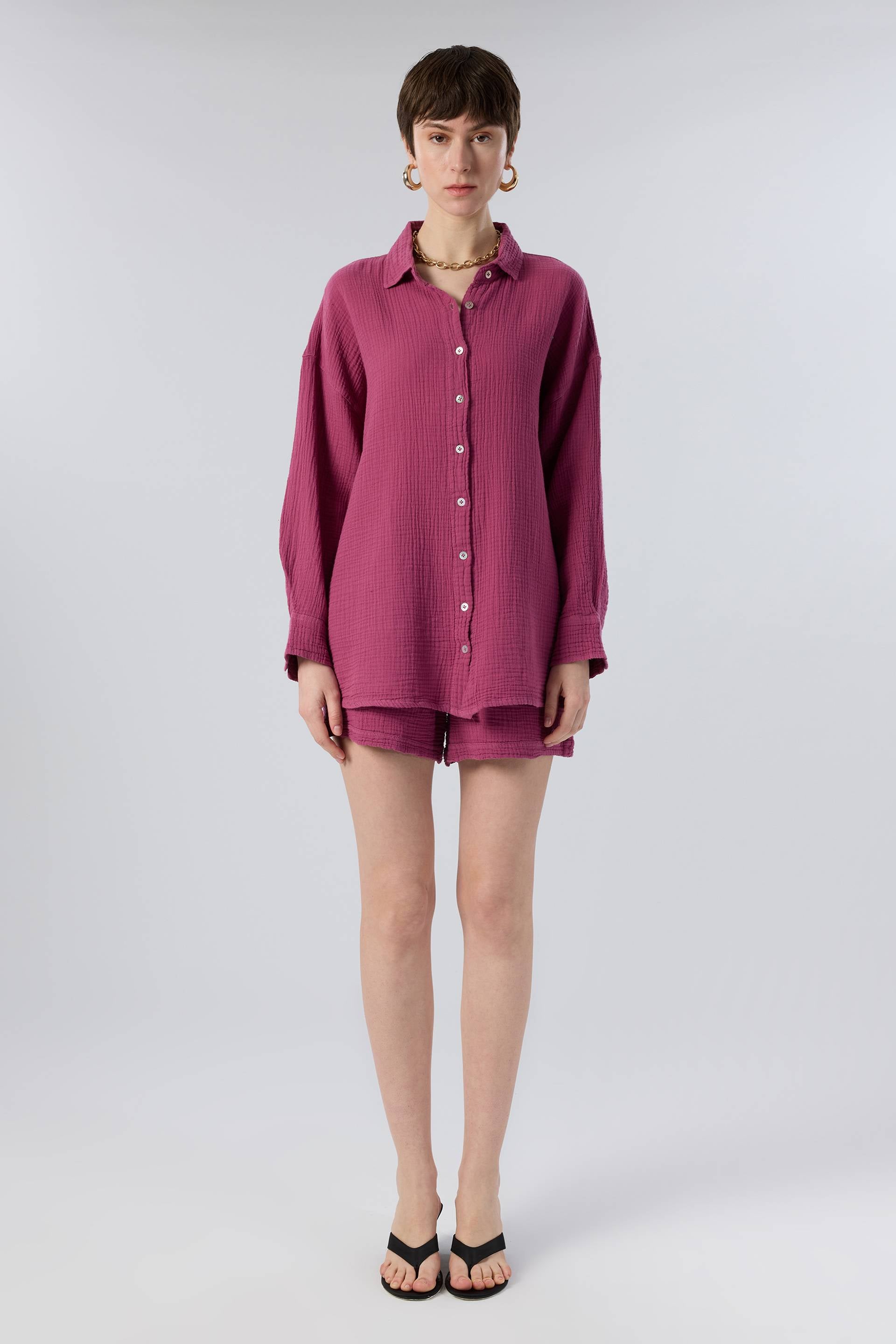 Oversize Müslin Kadın Gömlek #renk_Fuşya