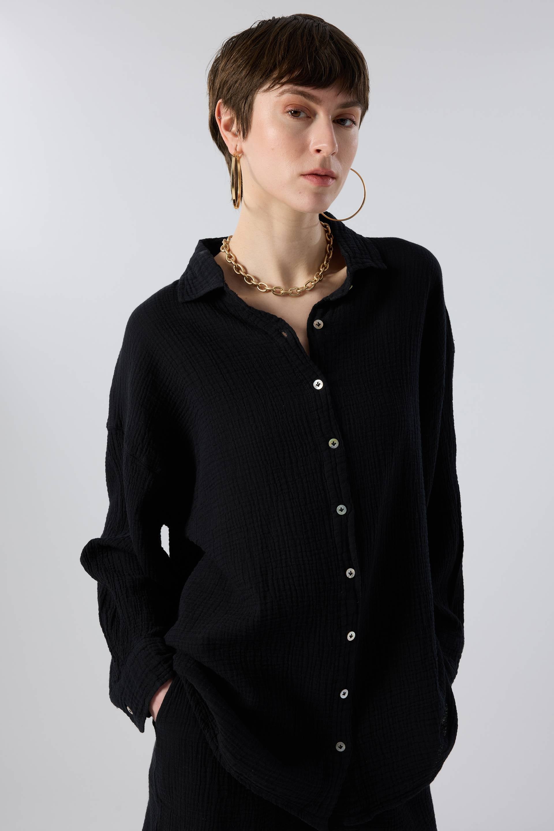 Oversize Müslin Kadın Gömlek #renk_Siyah