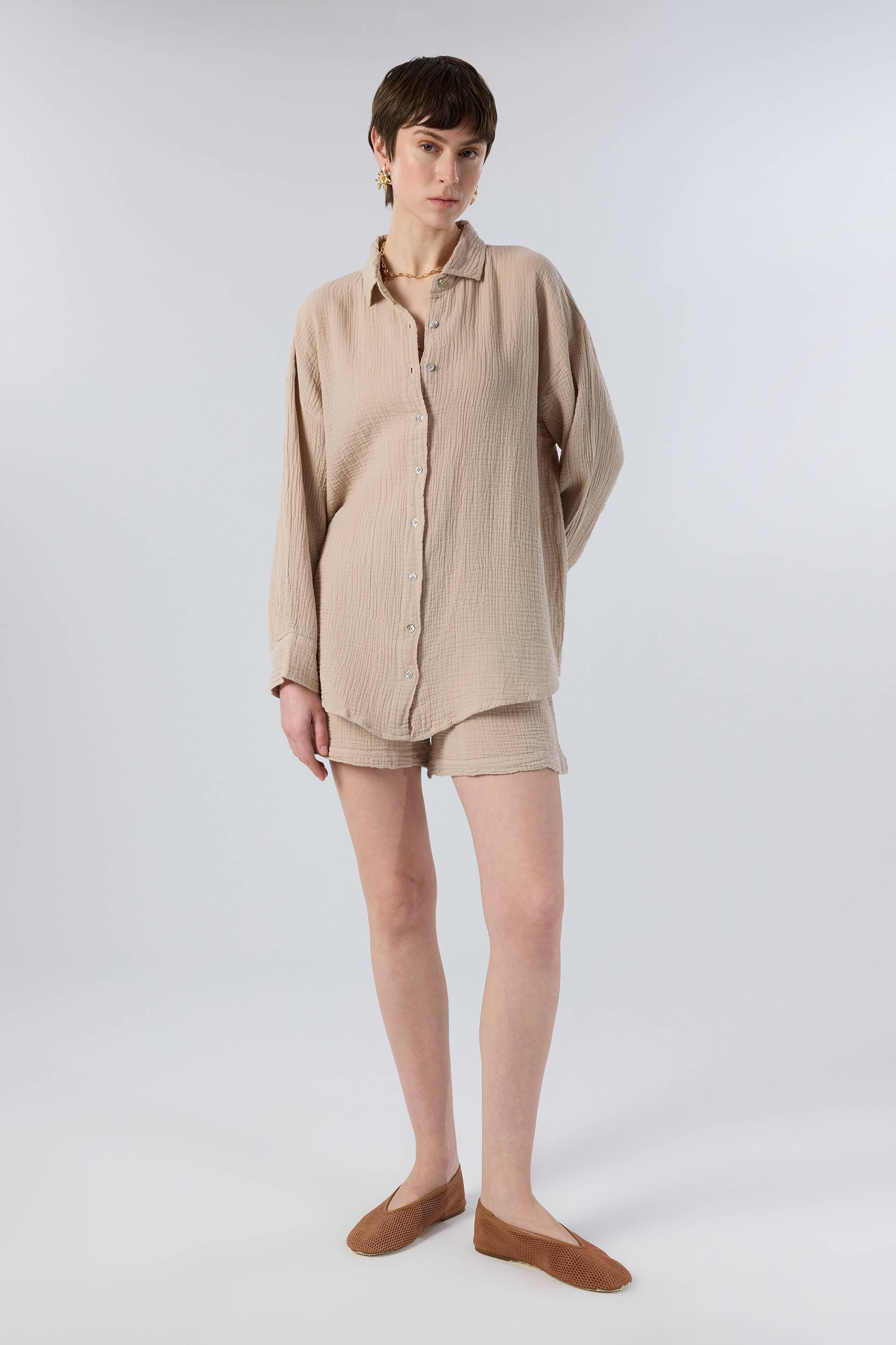 Oversize Müslin Kadın Gömlek #renk_Flax