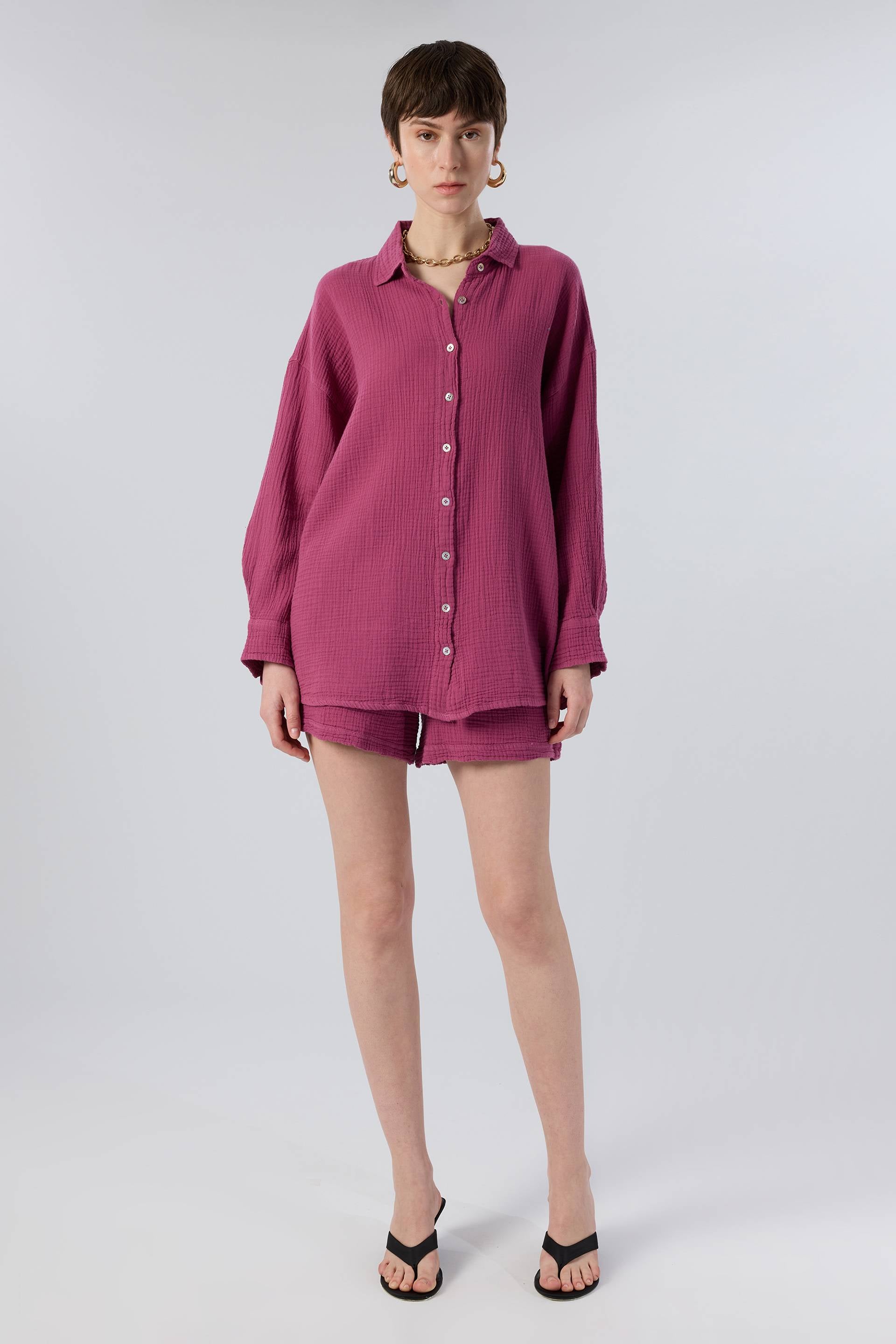 Oversize Müslin Kadın Gömlek #renk_Fuşya