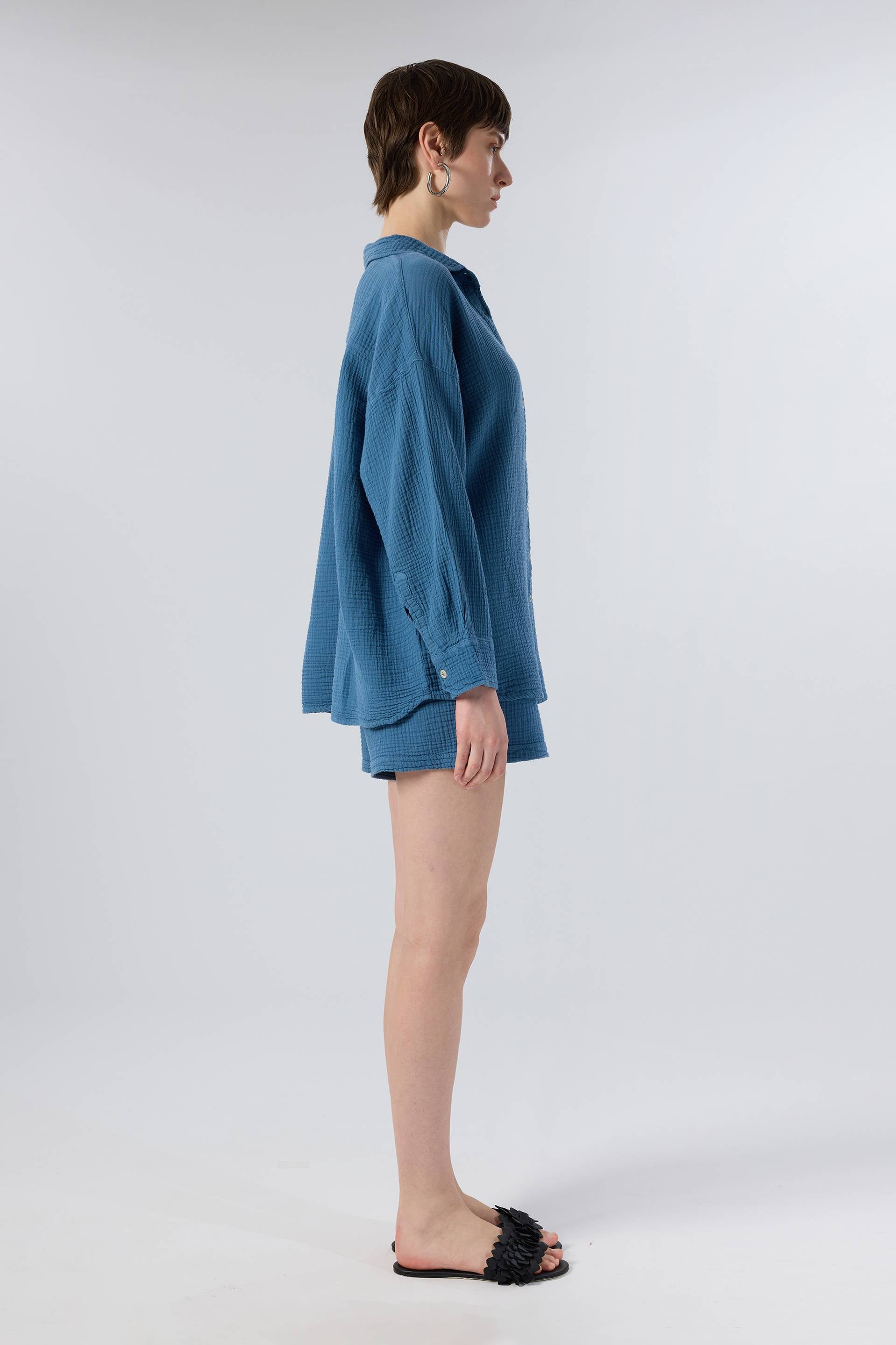 Oversize Müslin Kadın Gömlek #renk_Indigo