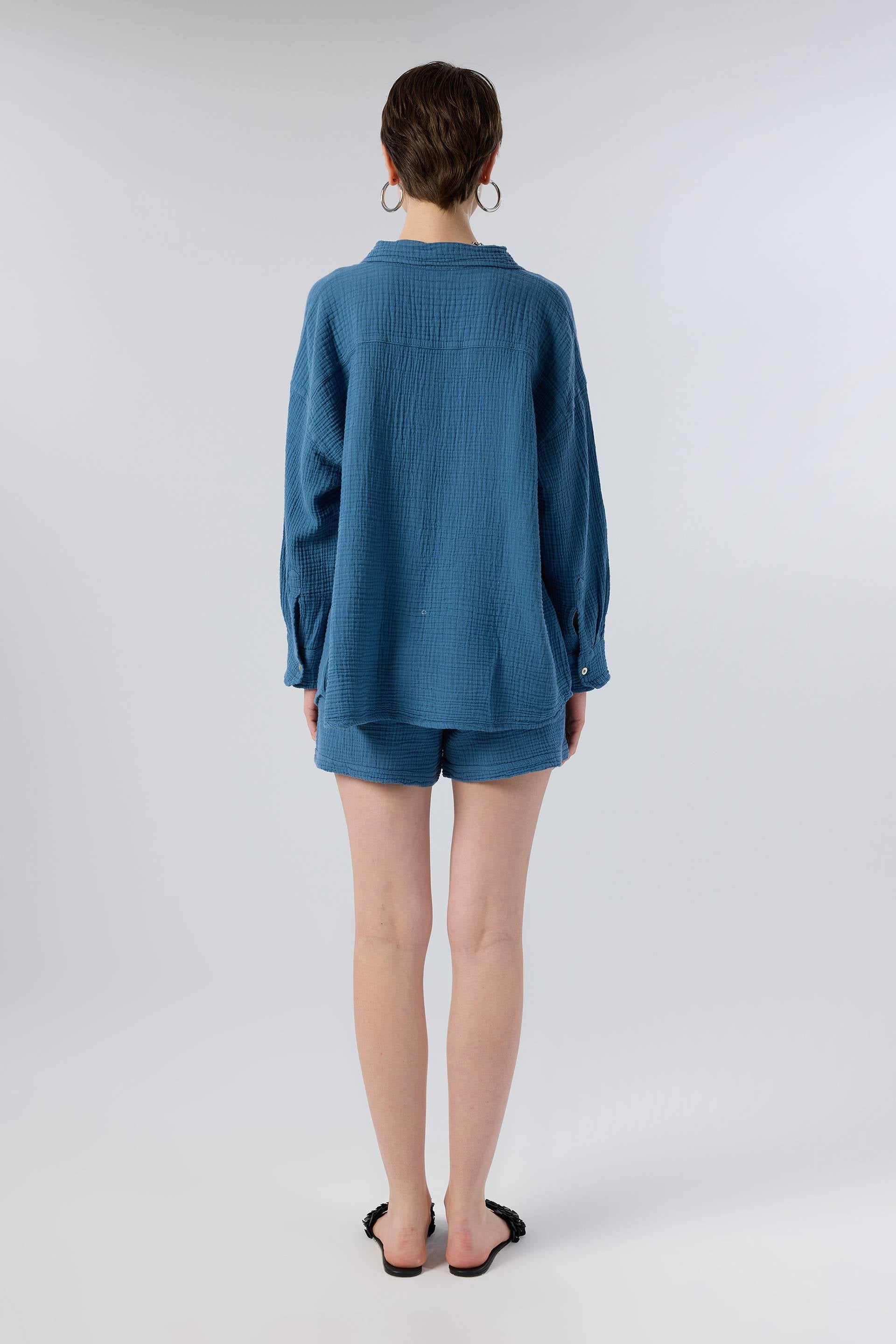 Oversize Müslin Kadın Gömlek #renk_Indigo