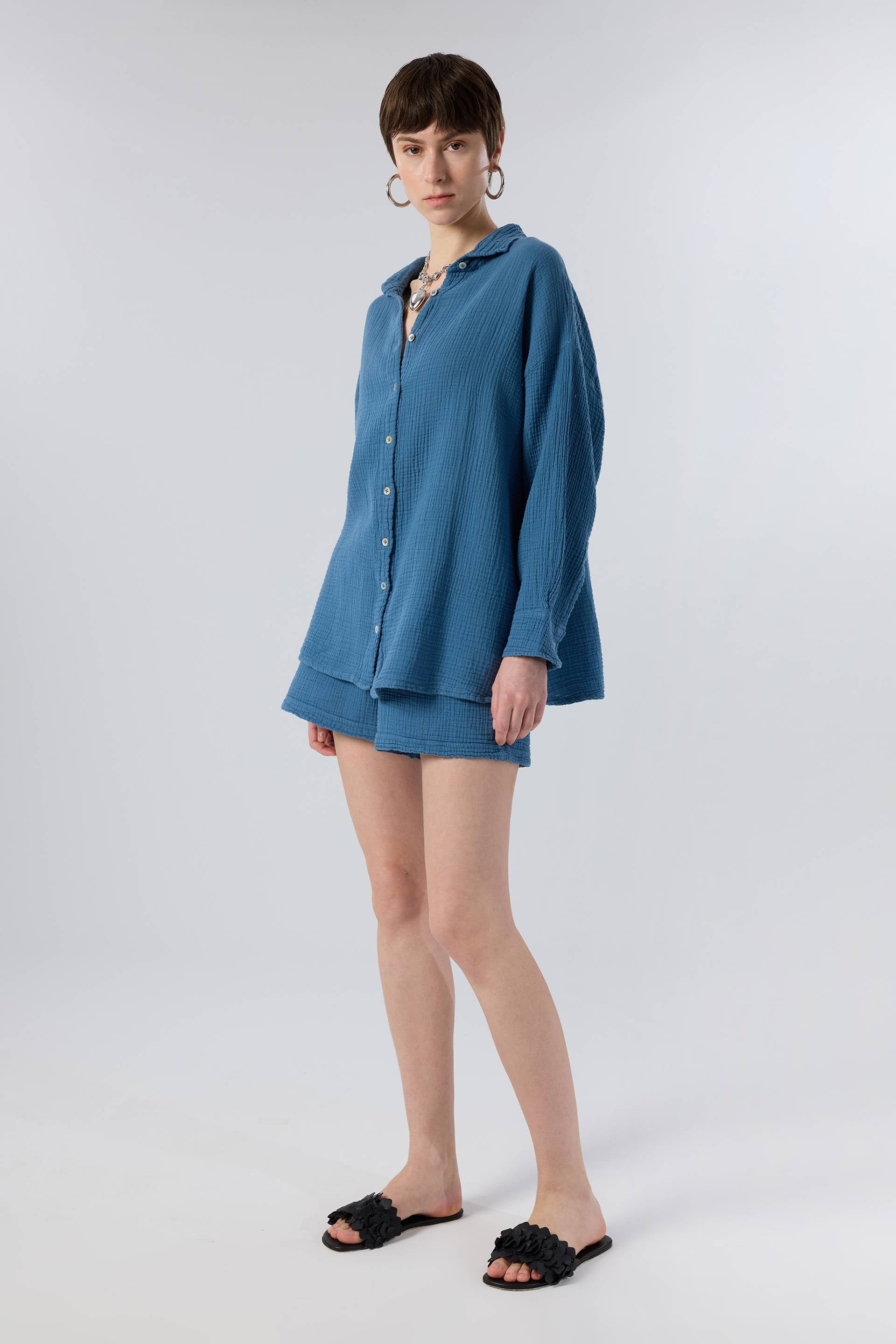 Oversize Müslin Kadın Gömlek #renk_Indigo