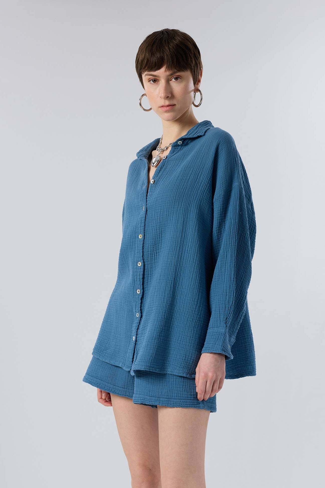 Oversize Müslin Kadın Gömlek #renk_Indigo